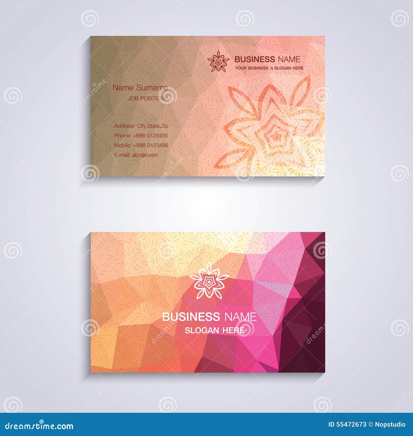 Pink Triangles Pattern and Abstract Flower Name Card Template Stock