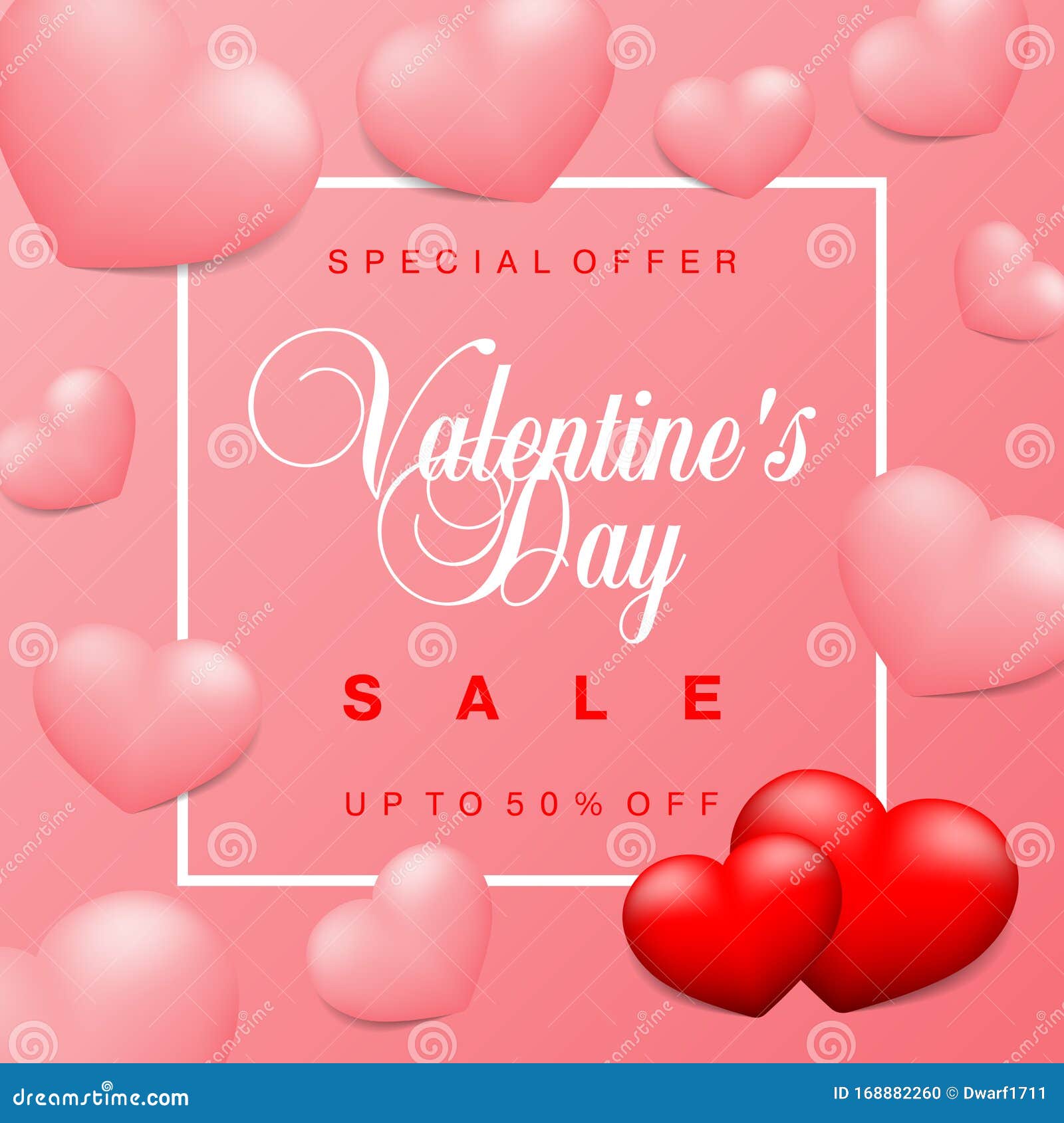 Pink Valentines Day sale special offer, discount, advertising campaign square vector banner, flyer, poster, voucher, social media post template with couple of red hearts an pink hearts 