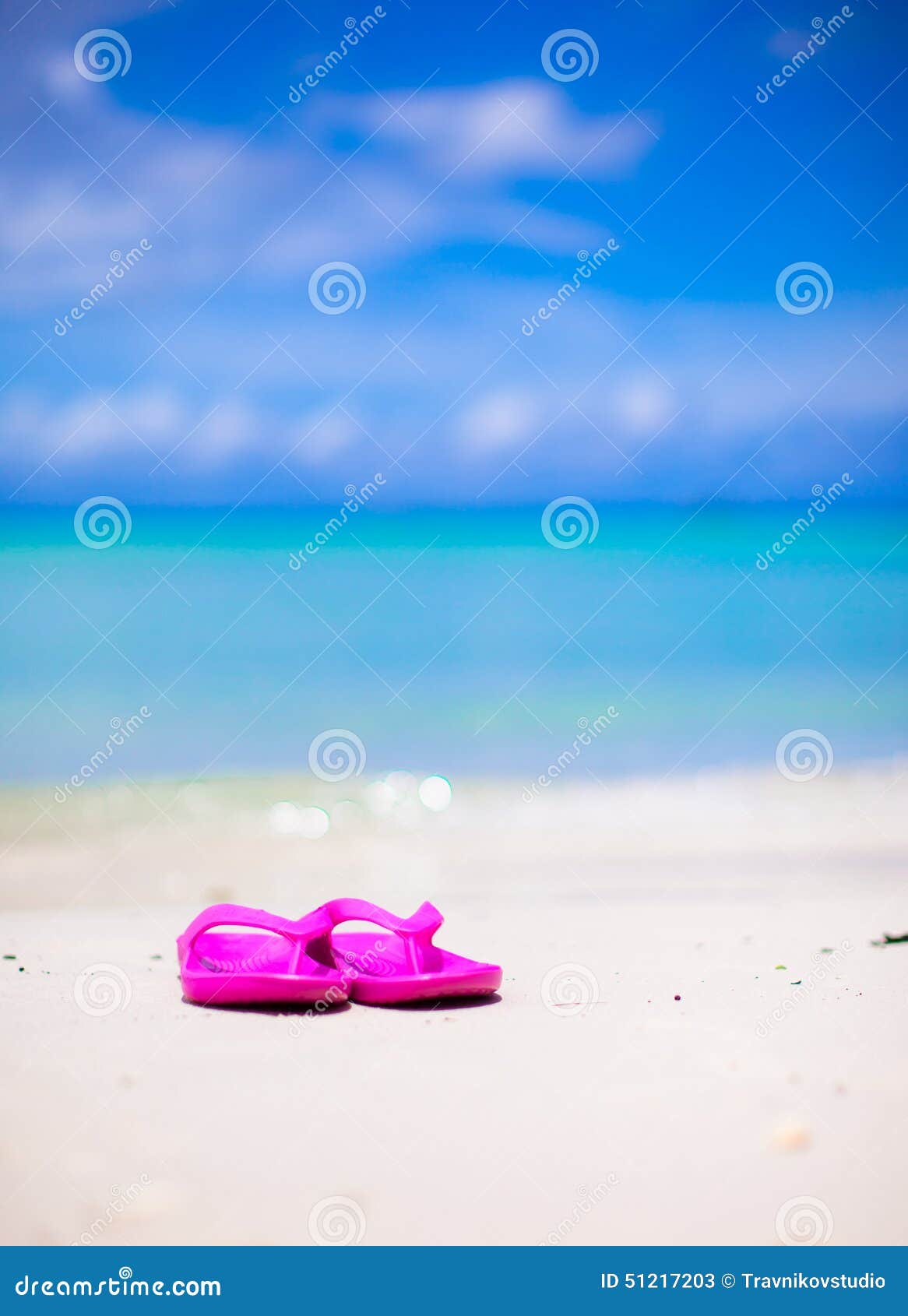 Pink Vibrant Beach Flip Flops on White Sand on Sea Stock Image - Image ...