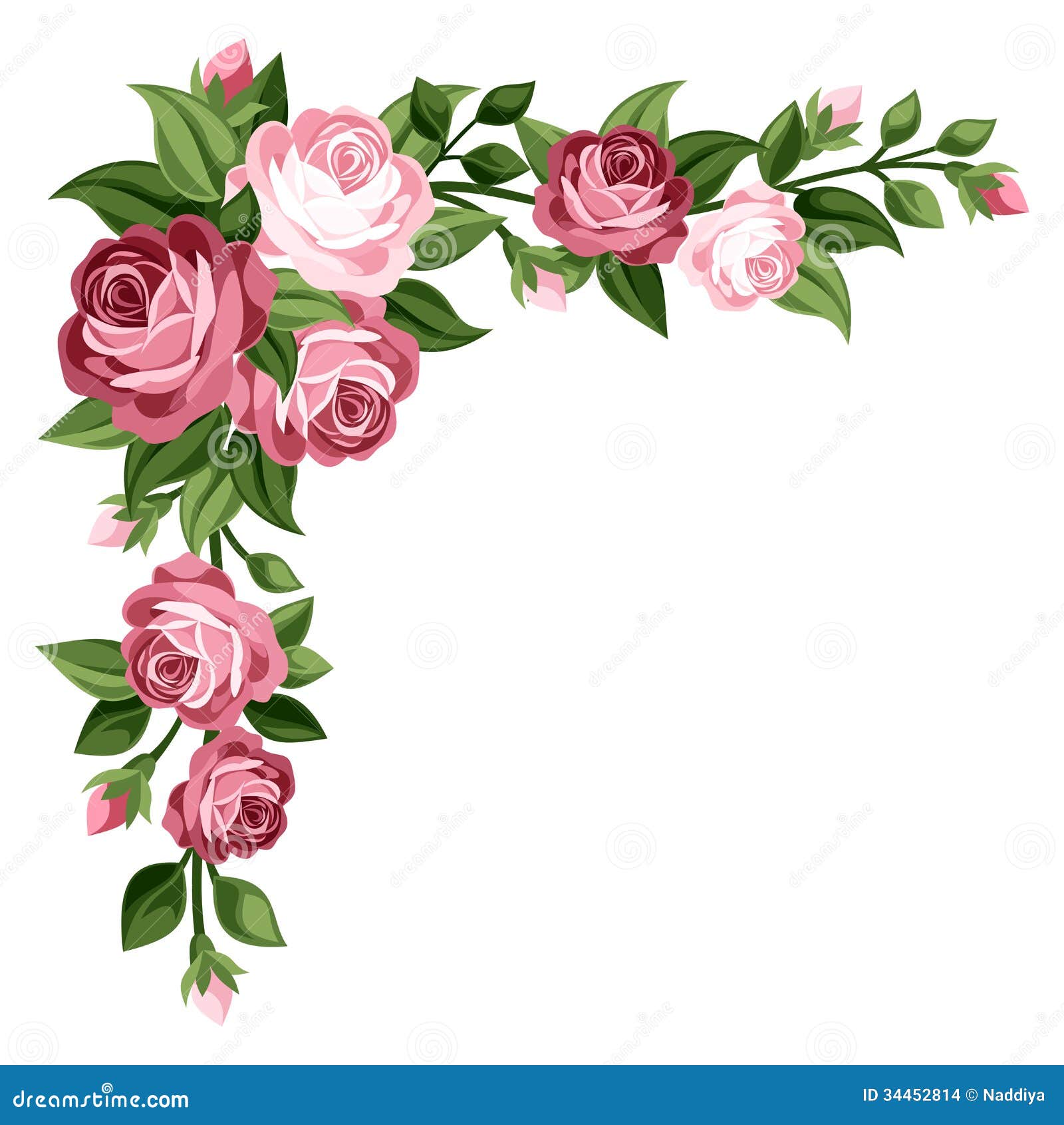 pink vintage roses, rosebuds and leaves.