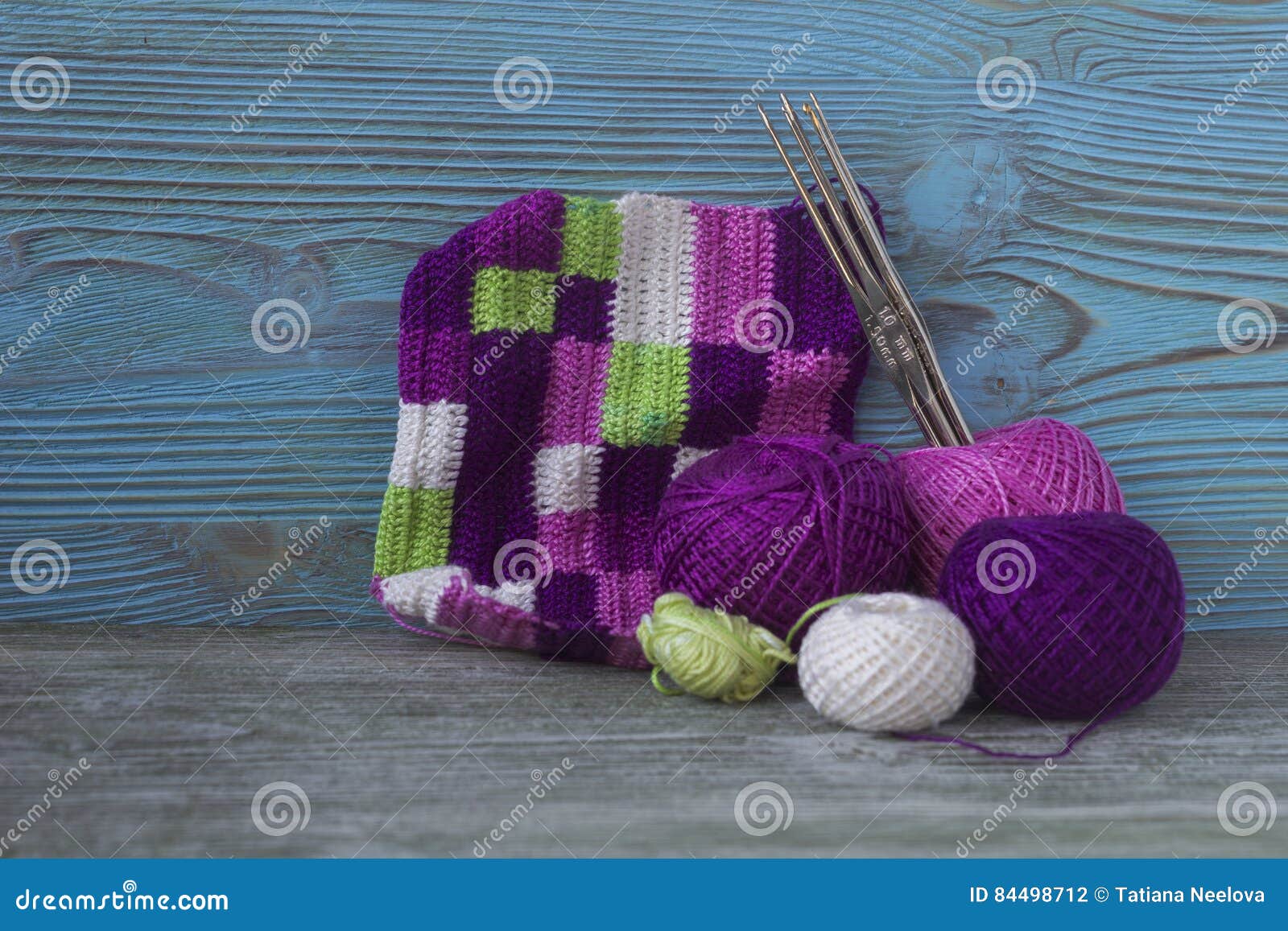 Pink, Violet, Magenta, White and Green Plaid and Balls. Cotton Yarn for ...