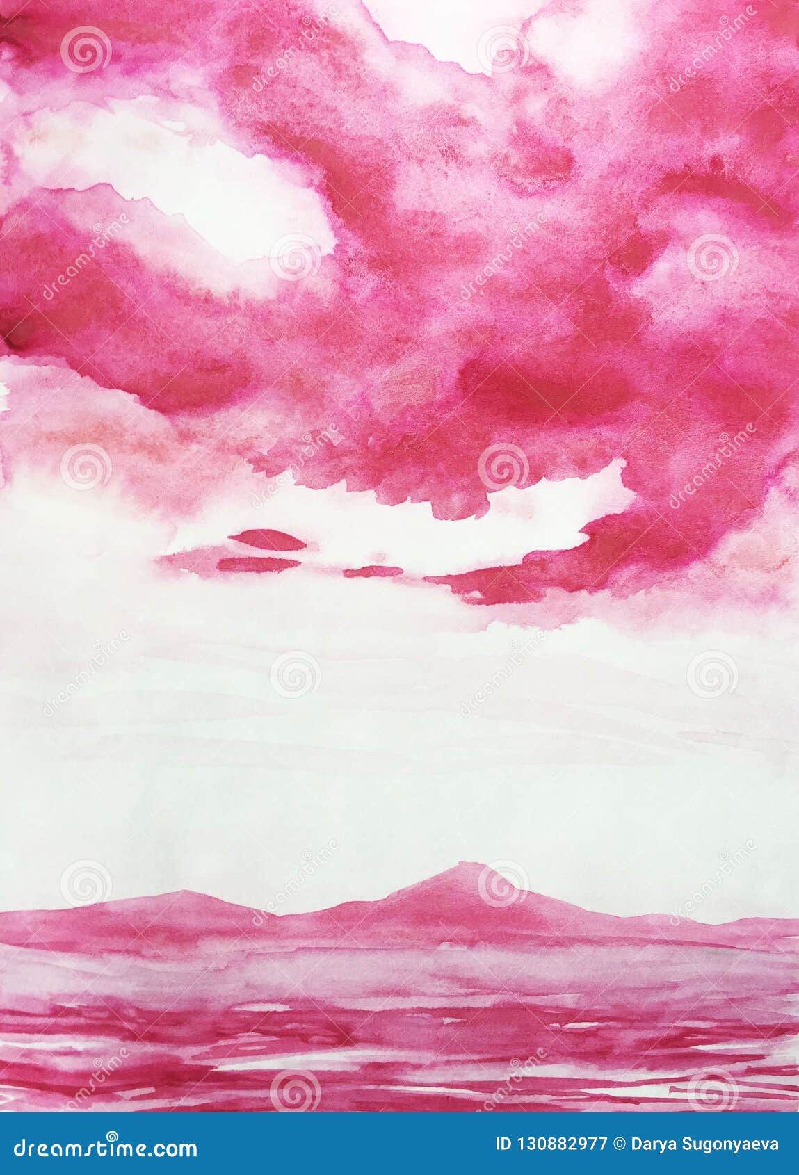 pink watercolor  montain sea and clounds