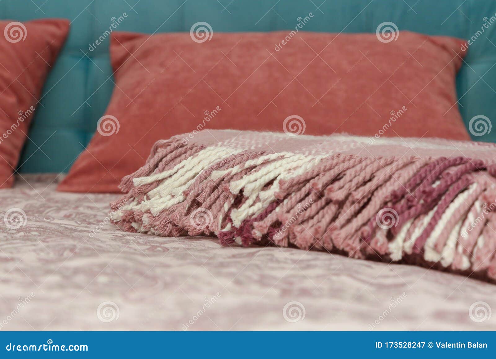 Pink and White Blanket on the Bed. Stock Image Image of female