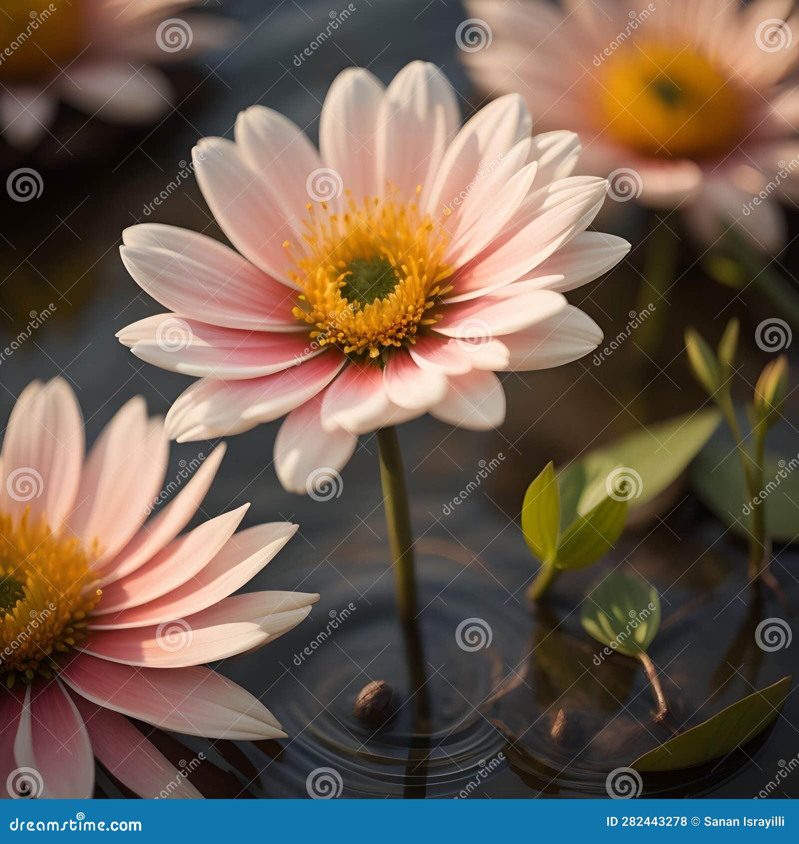 Pink and White Daisy Flower in the Pond with Water Reflection