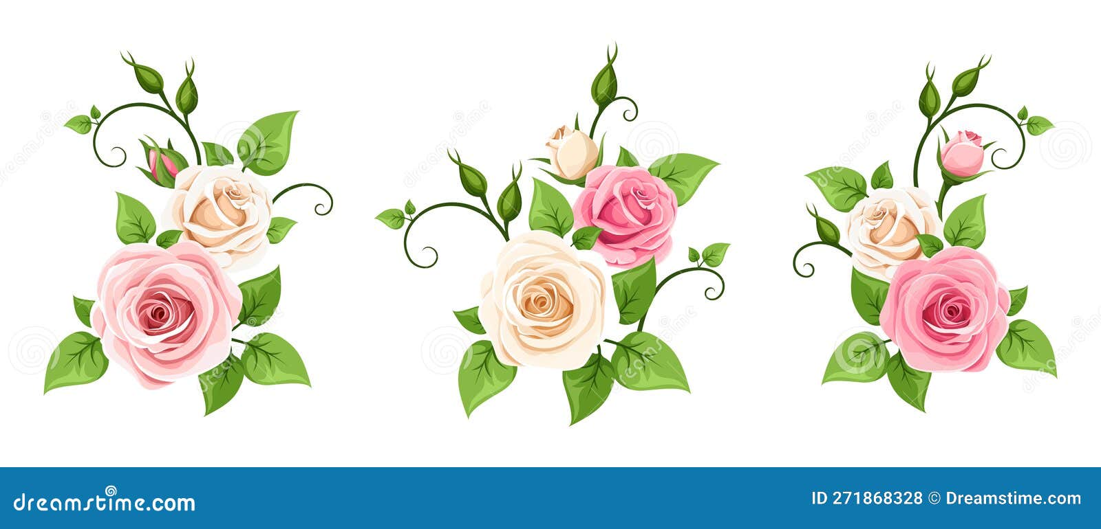 Pink and White Roses. Vector Set of Three Roses Branches Stock Vector Illustration of bouquets