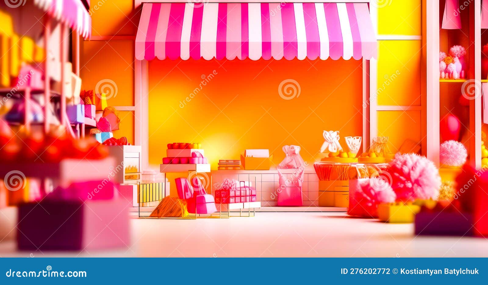 Pink and White Store Front with Lots of Pink and Yellow Items in Front