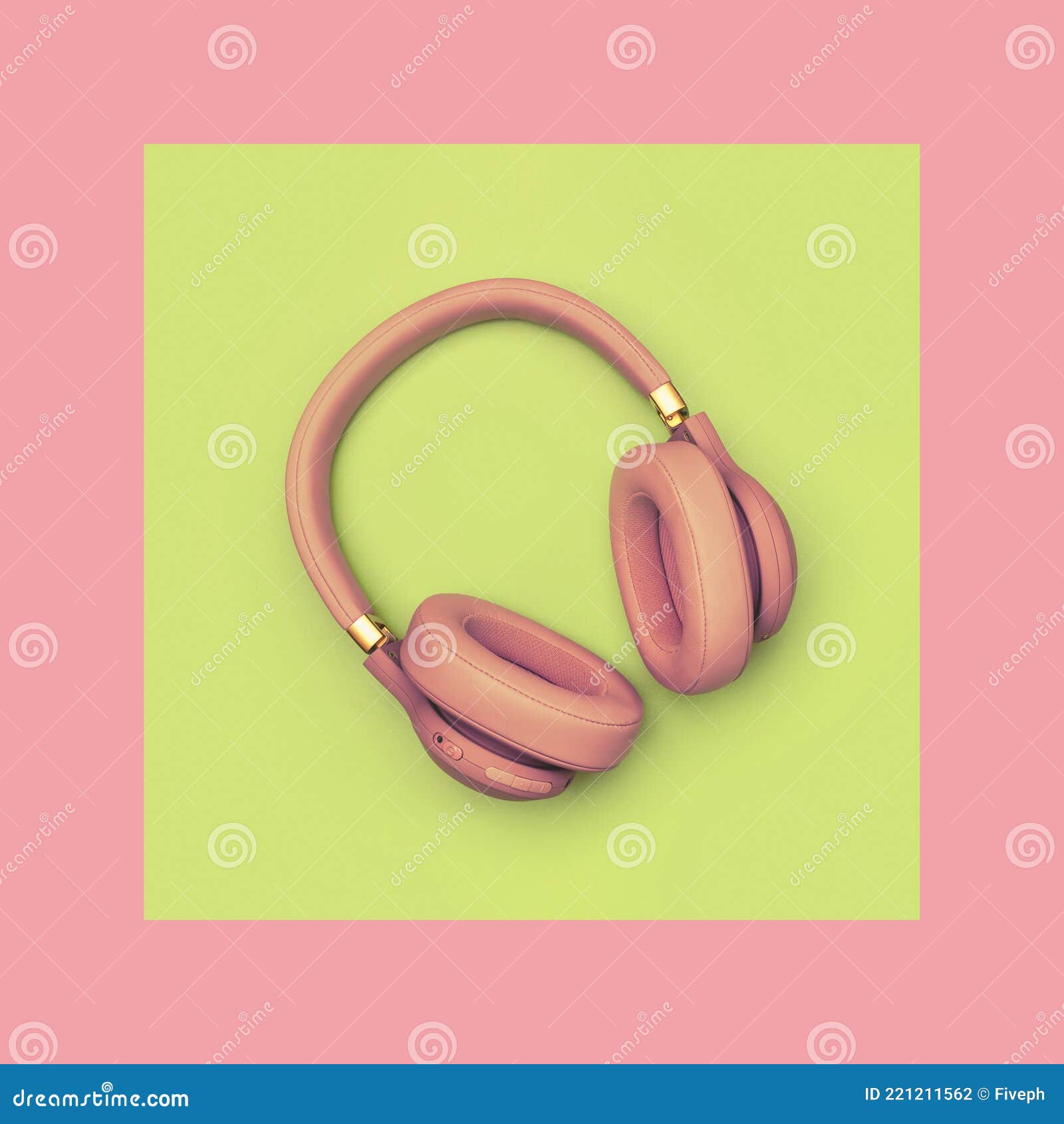 Pink Wireless Headphones on Green Pink Background. Trendy Minimal Style