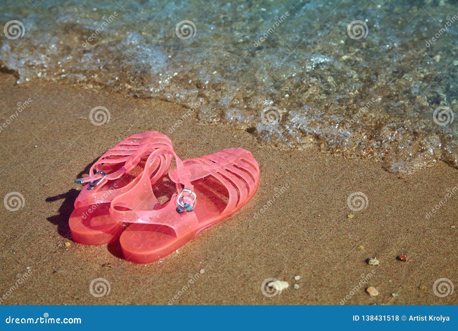 Pink Women`s JELLY SANDALS on a Sea Shore. LADIES FLAT JELLIES SUMMER ...