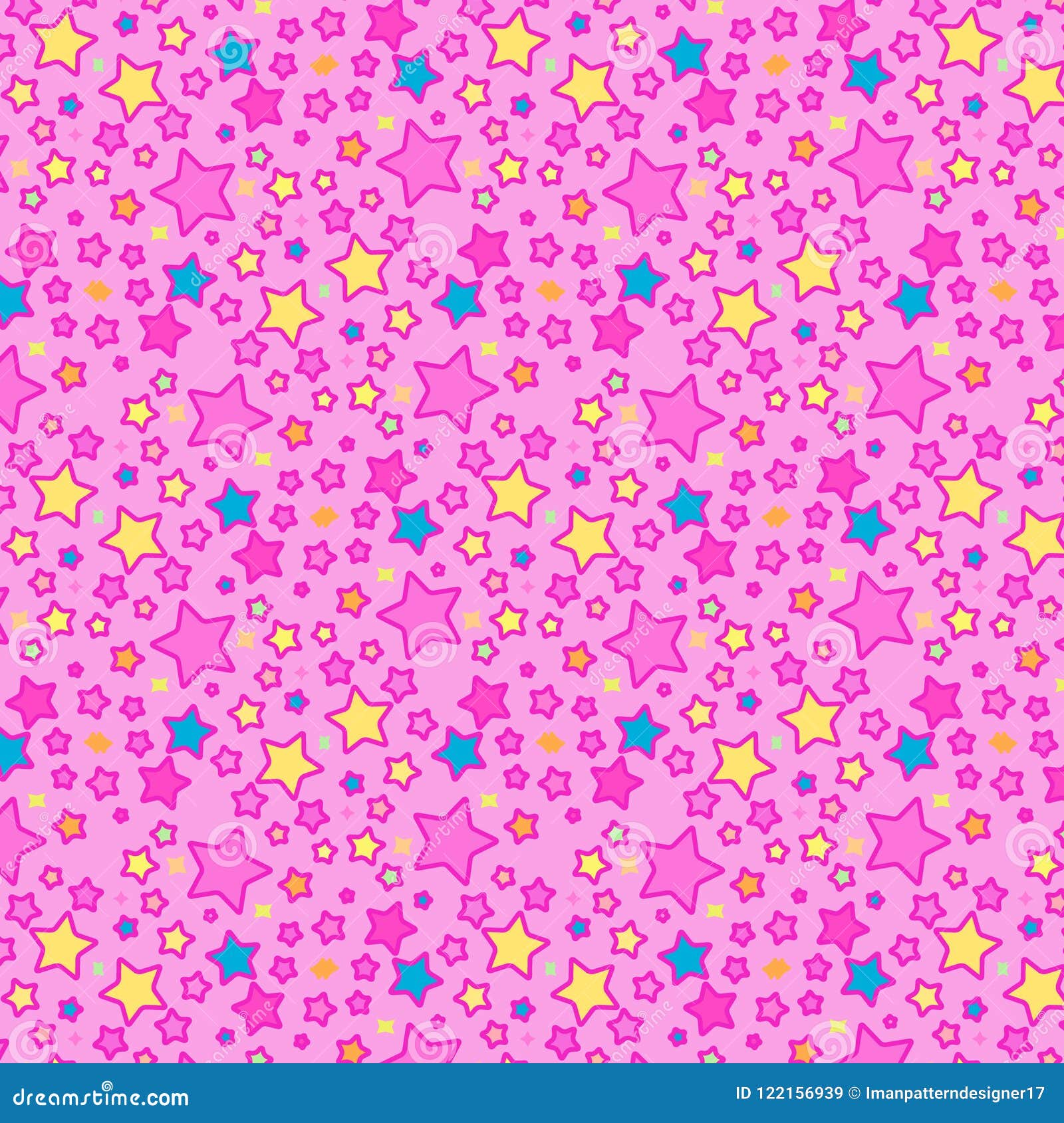 Pink, Yellow and Blue Stars in a Seamless Festive Pattern Stock Vector ...