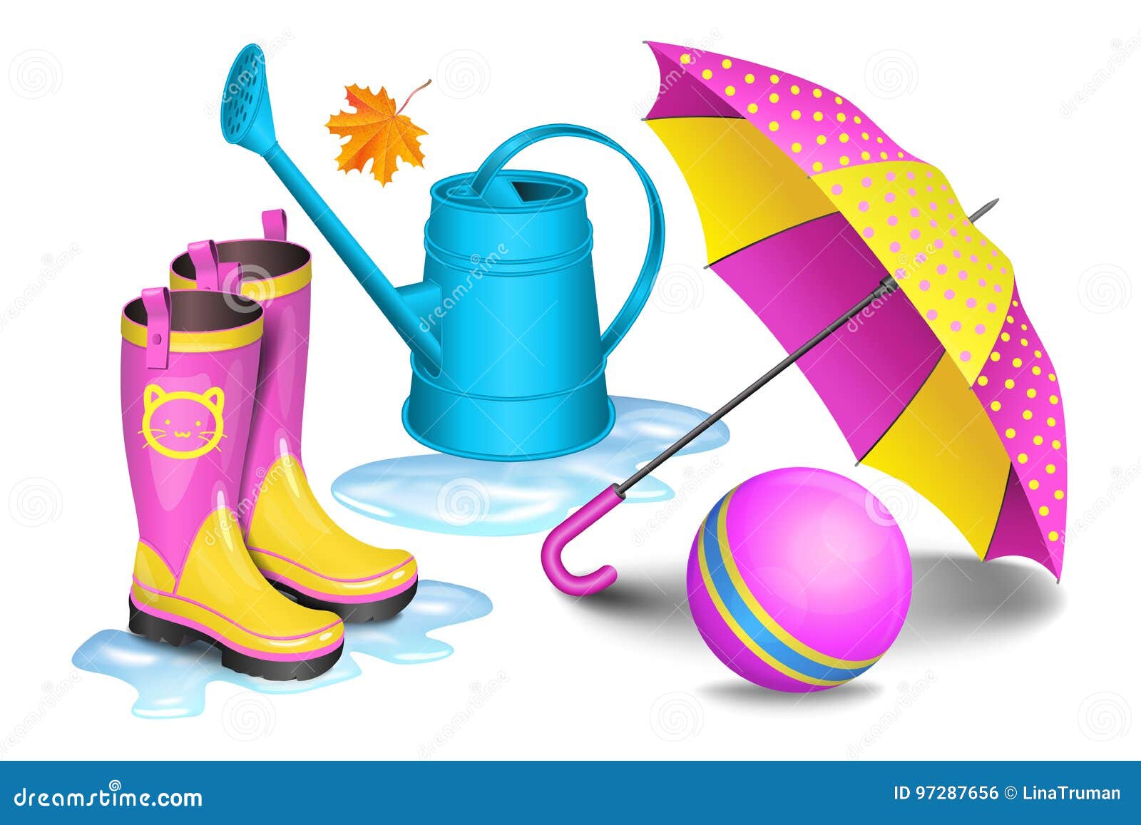 pink-yellow gumboots in puddles, children umbrella, blue can
