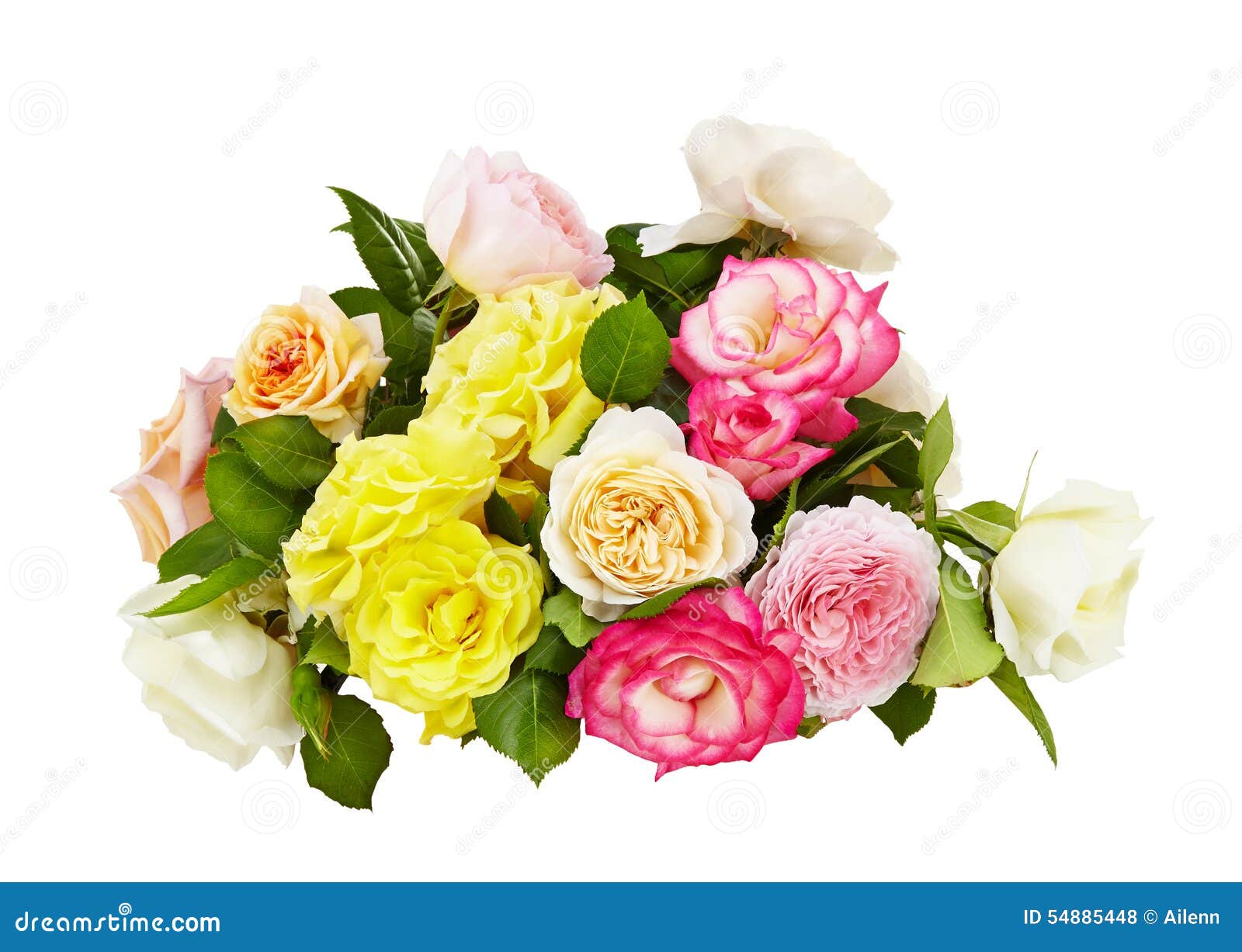 Pink, Yellow and White Roses Bouquet on a White Background Stock Photo