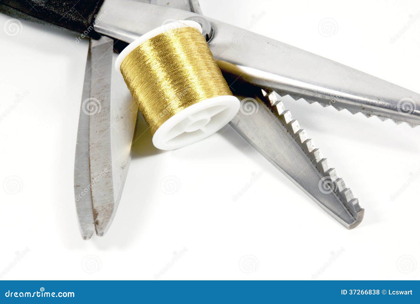 Pinking Shears Scissors and Reel of Gold Thread Stock Photo Image of