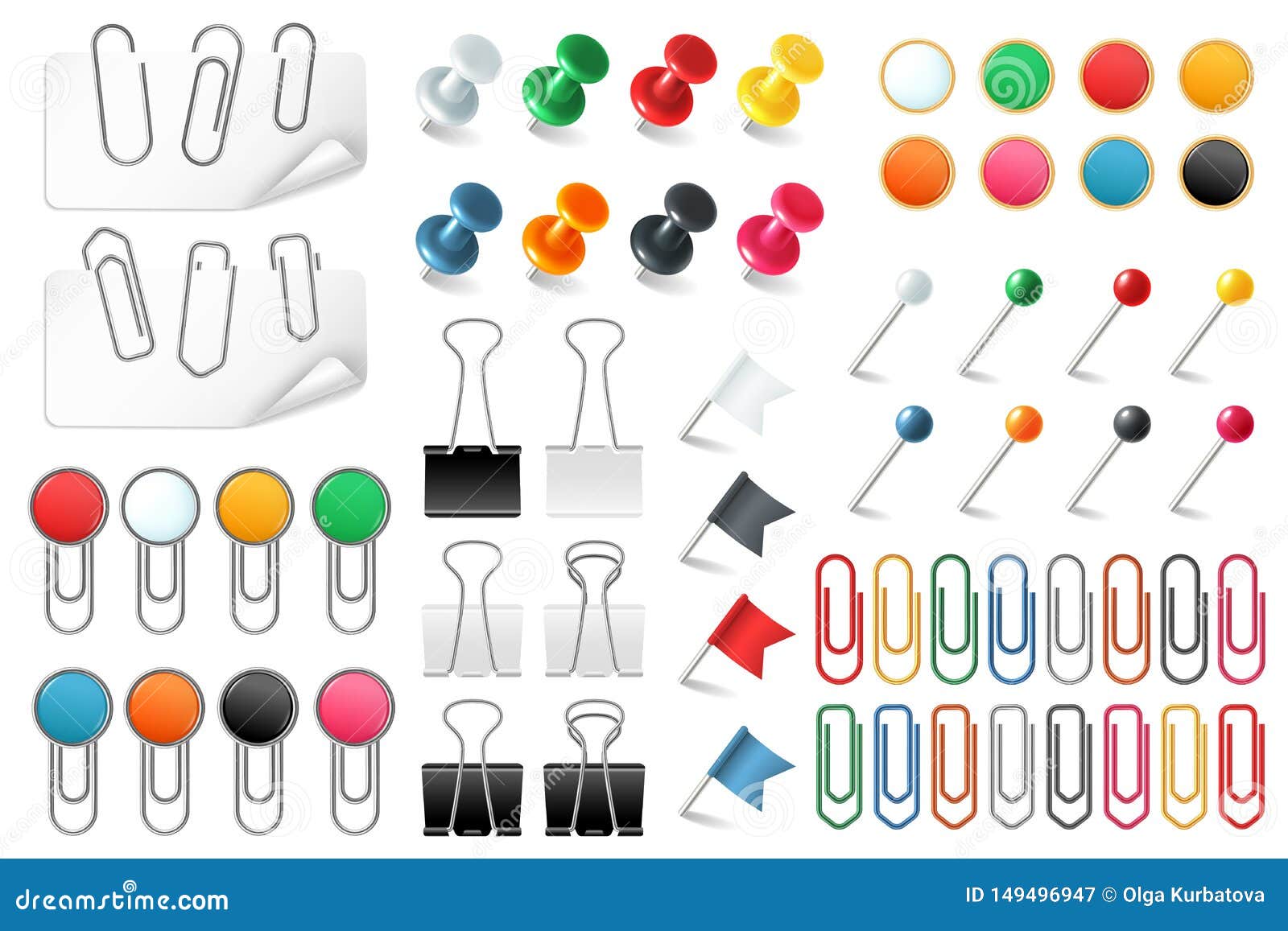 pins paper clips. push pins fasteners staple tack pin colored paper clip office organized announcement, realistic 