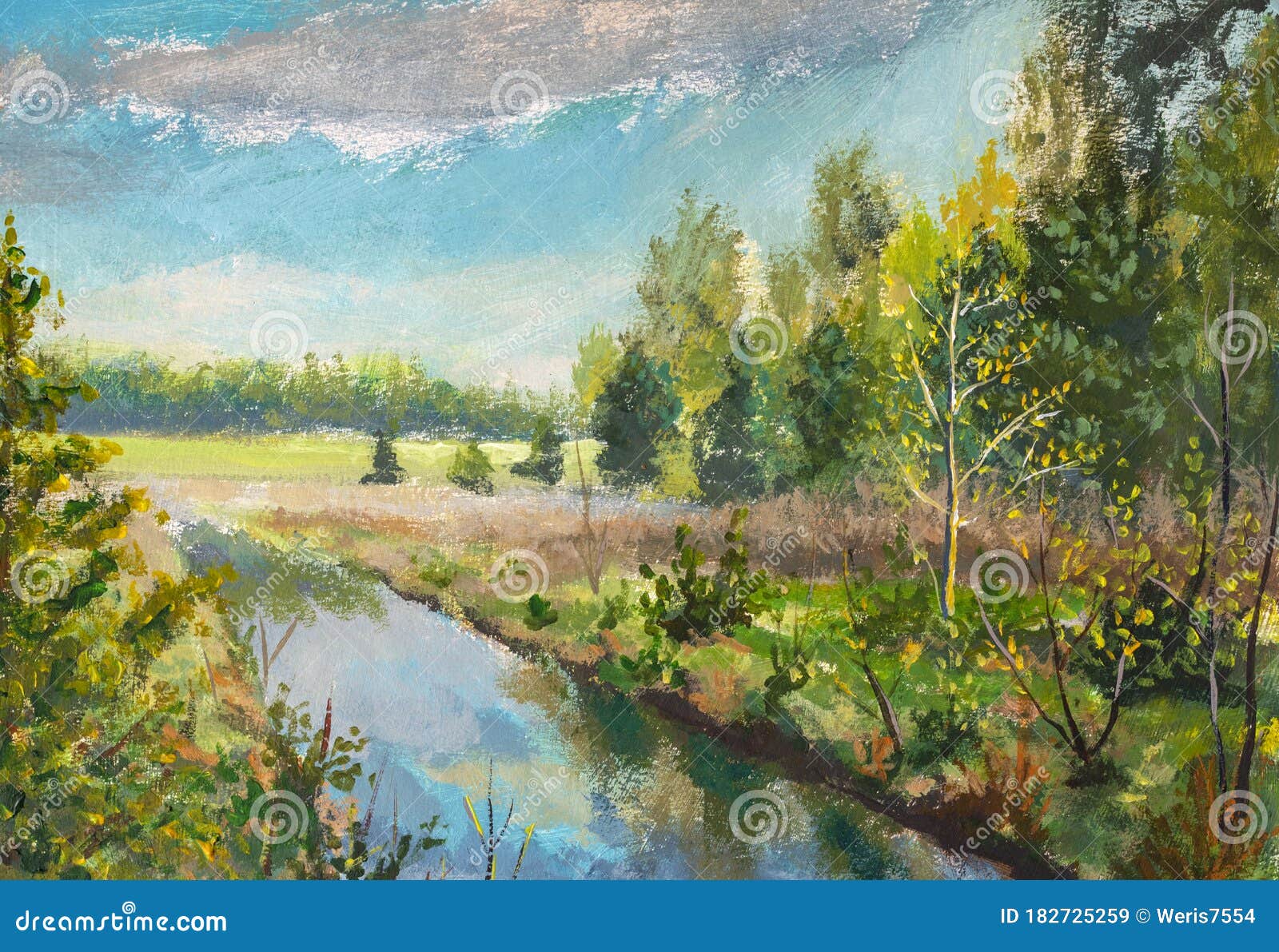 Pintar El Paisaje De Primavera Con árboles Y Nubes Azules Imagen de archivo  - Imagen de verde, lago: 182725259