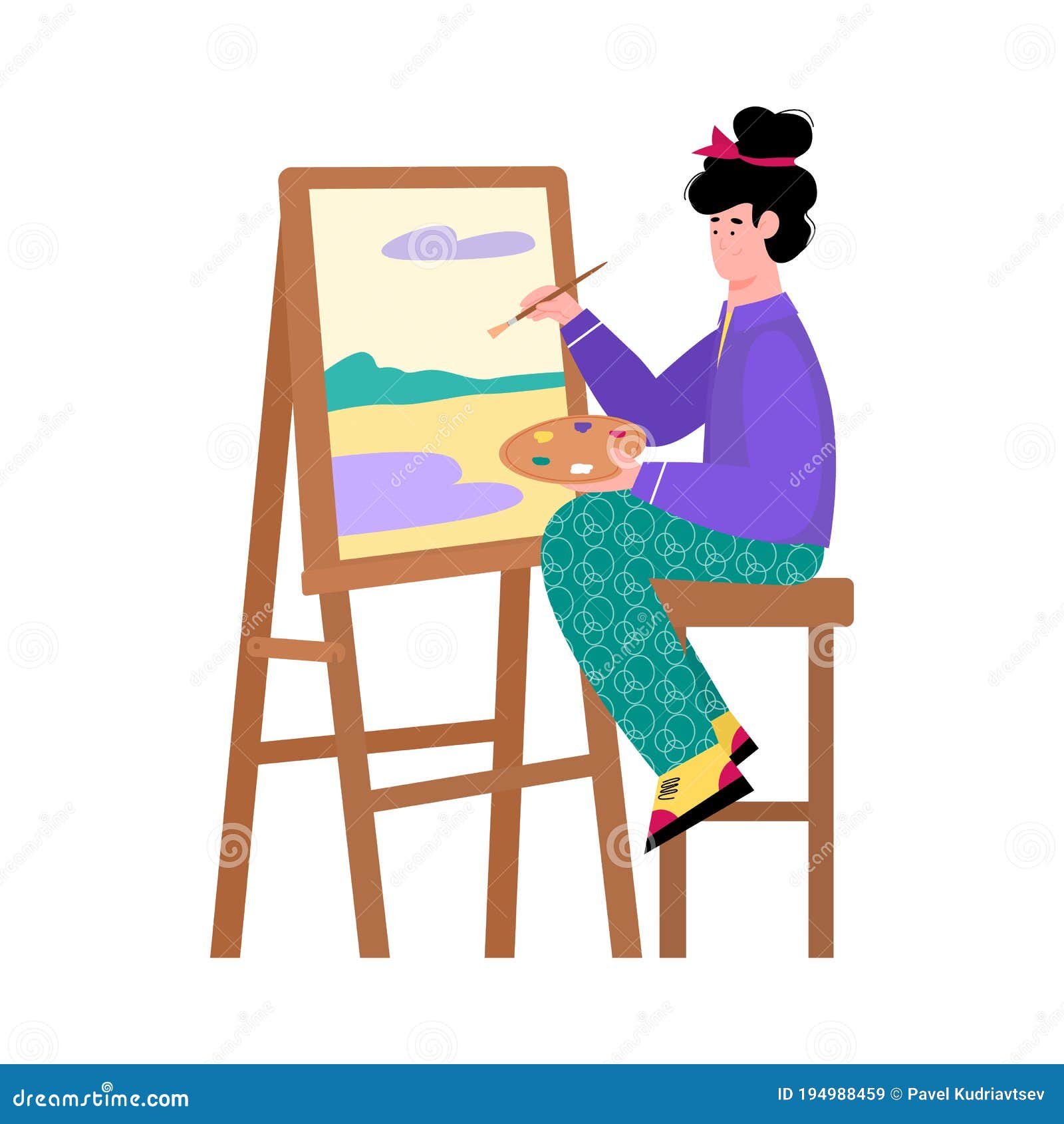 Menina artista de desenho animado pintando sobre tela