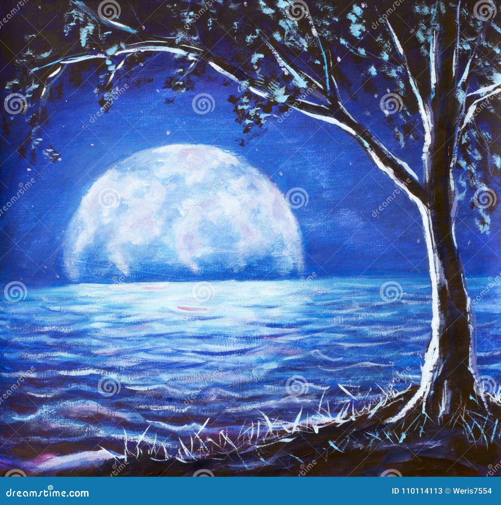 Accor Desventaja recuperación Pintura Al óleo Azul Del Mar De La Noche - árbol Oscuro En La Luna Que  Brilla Intensamente Grande Del Fondo Reflejada En El Mar a Imagen de  archivo - Imagen de