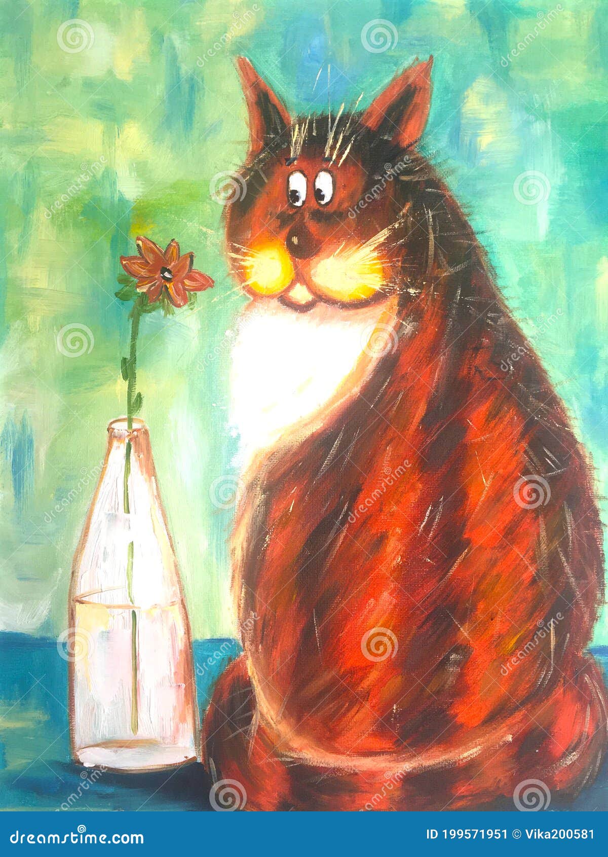 Pintura Al óleo De Un Lindo Gato En Lienzo. Gato Rojo Gracioso Dibujado Flor. Imagen de archivo - de poco, gatos: 199571951