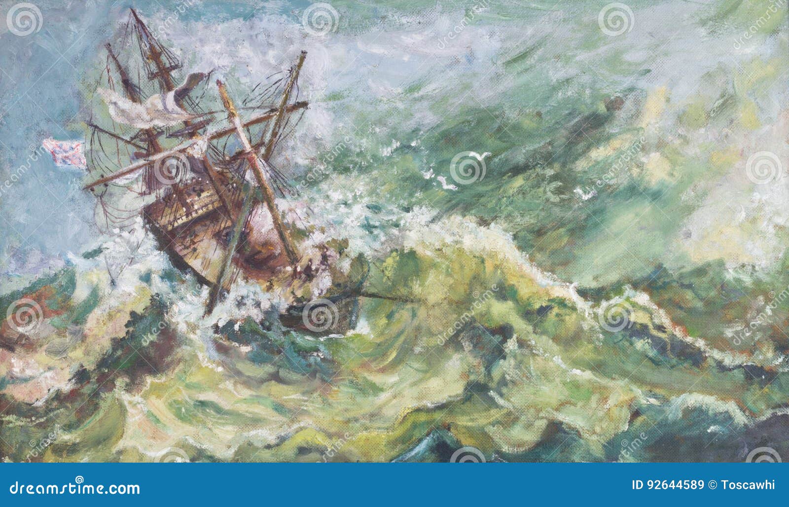 Pintura costera náutica de la nave del aceite del paisaje del viejo vintage. Pintura al óleo costera náutica de la nave del paisaje del viejo vintage con el barco de vela adaptación para arriba el mar tempestuoso