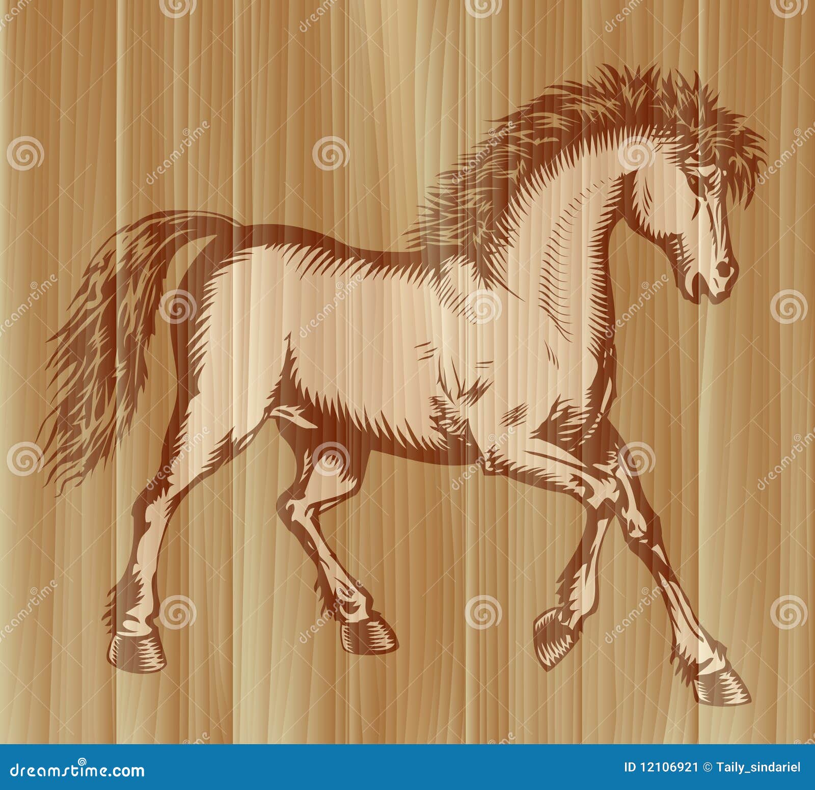 Pintura Prancing del caballo. El caballo prancing agraciado pintado en el grano de madera del fondo de la tarjeta de madera se drena y puede completamente ser utilizado por separado (la versión del EPS solamente)