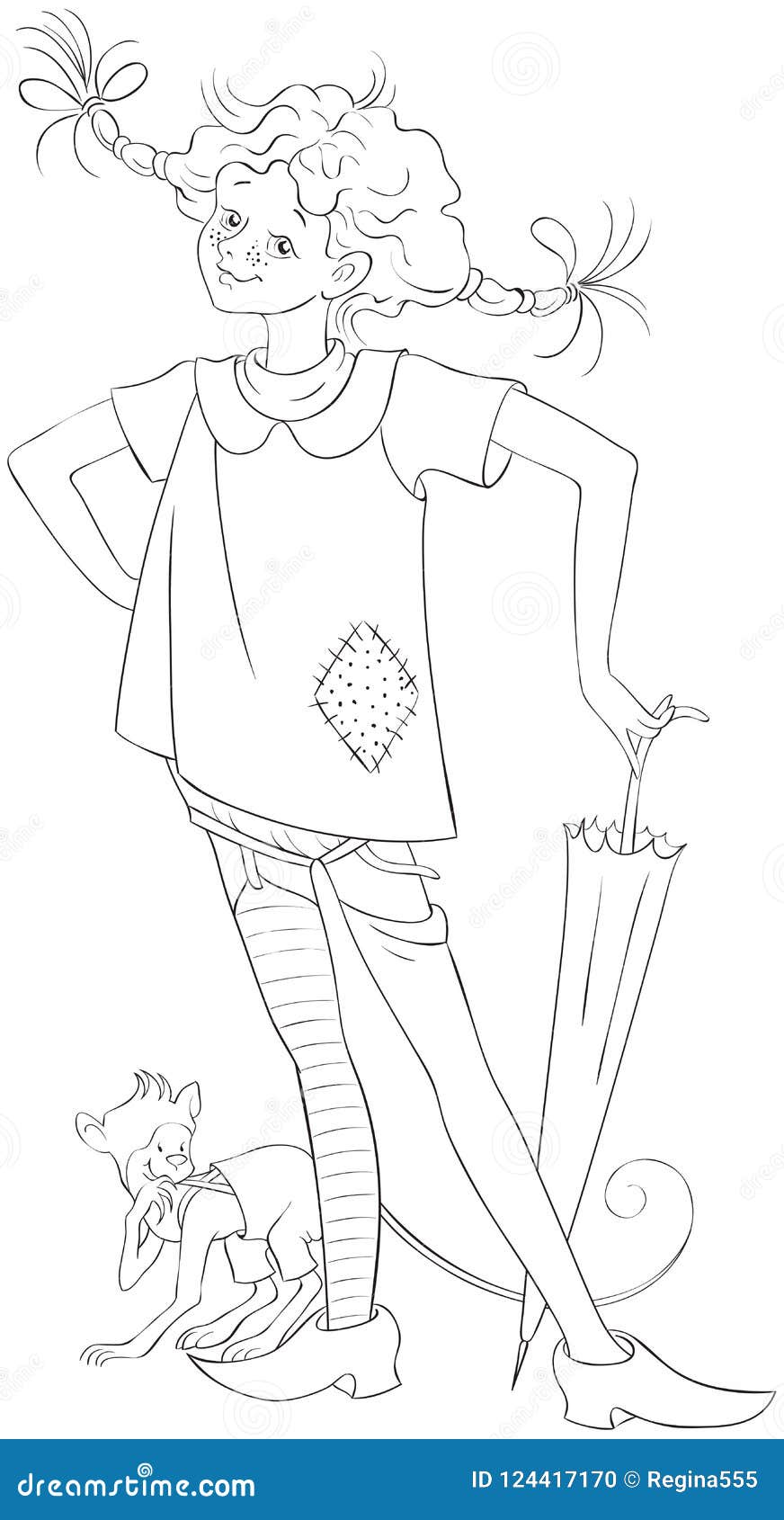 Pippi Longstocking with Pet Monkey Coloring Page Stock Vector