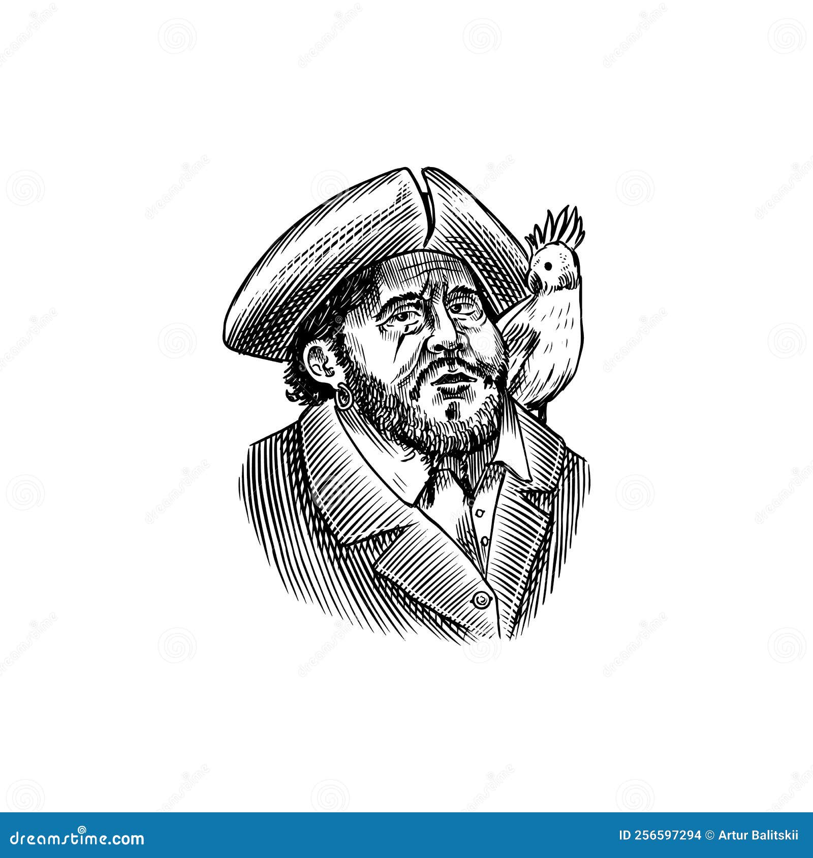 Pirata Marino Con Un Loro En El Hombro. Retrato Del Gancho De Marinero.  Boceto Vintage Grabado a Mano Para Tatuar O Ilustración del Vector -  Ilustración de gente, mano: 256597294