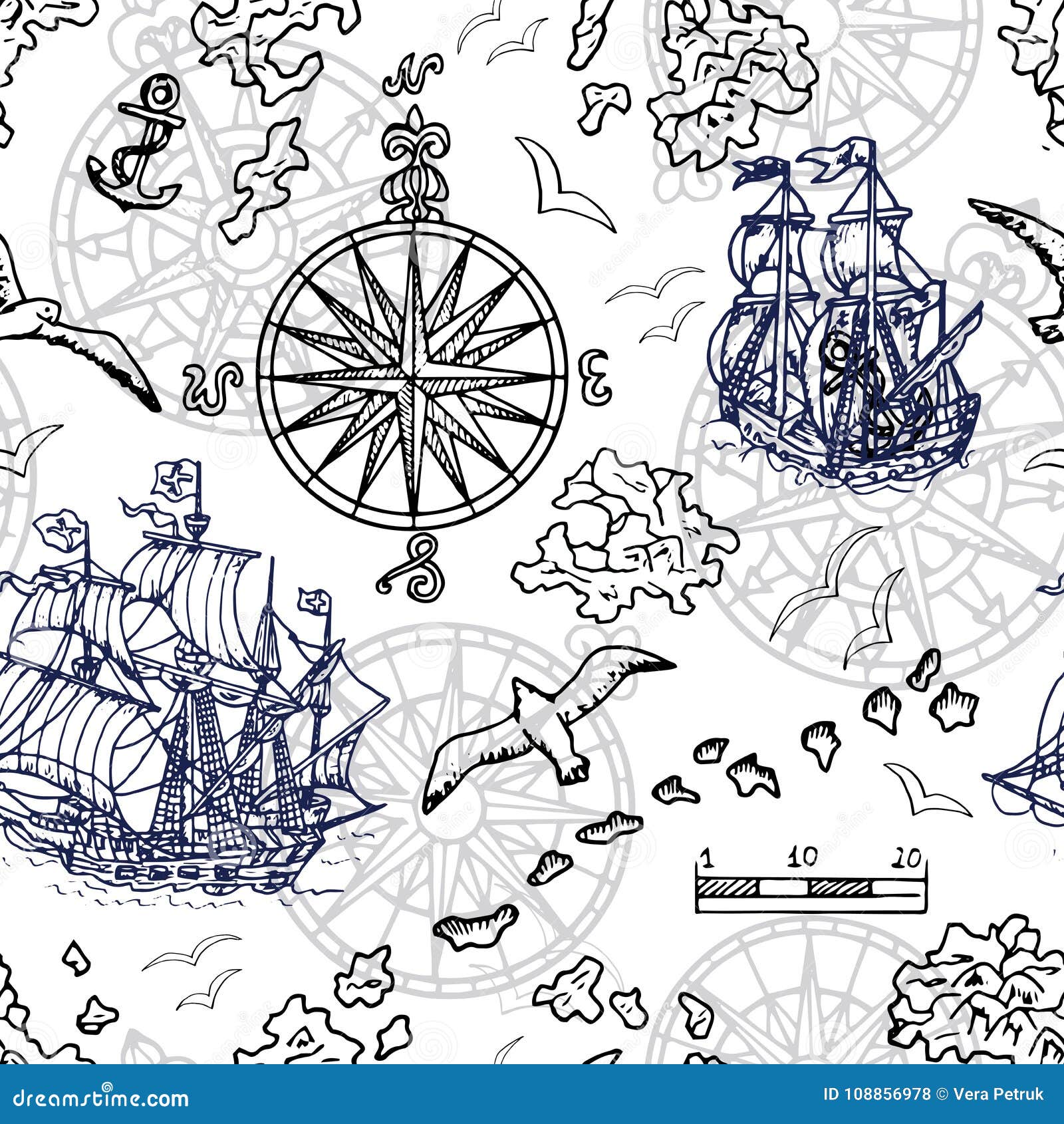 Seamless Background with Old Sailing Ship, Gulls, Compass and Treasure  Islands on White. Stock Vector - Illustration of atlas, drawing: 108856978