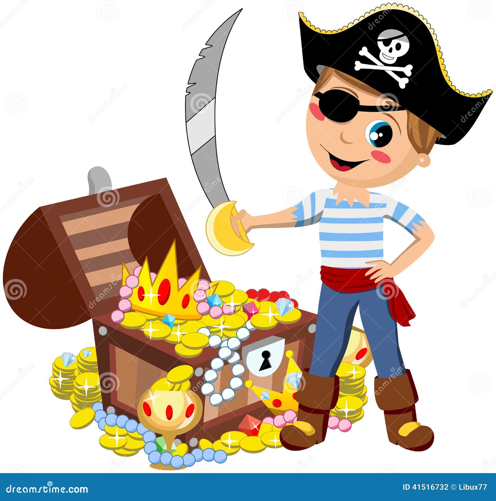 Pirate Boy Sword Treasure Chest Isolated Stock Vector