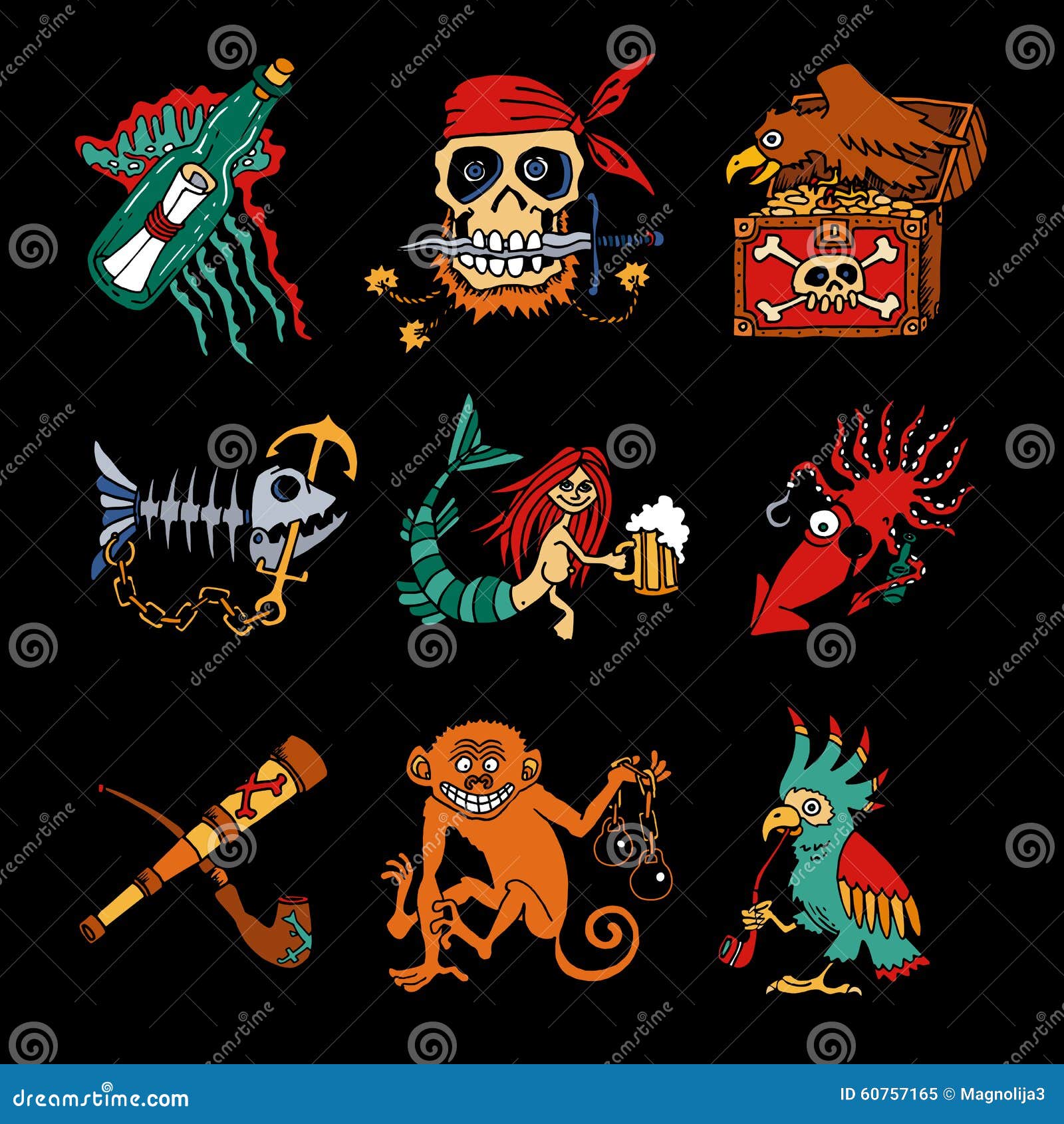 pirate legends cartoon icons on black background