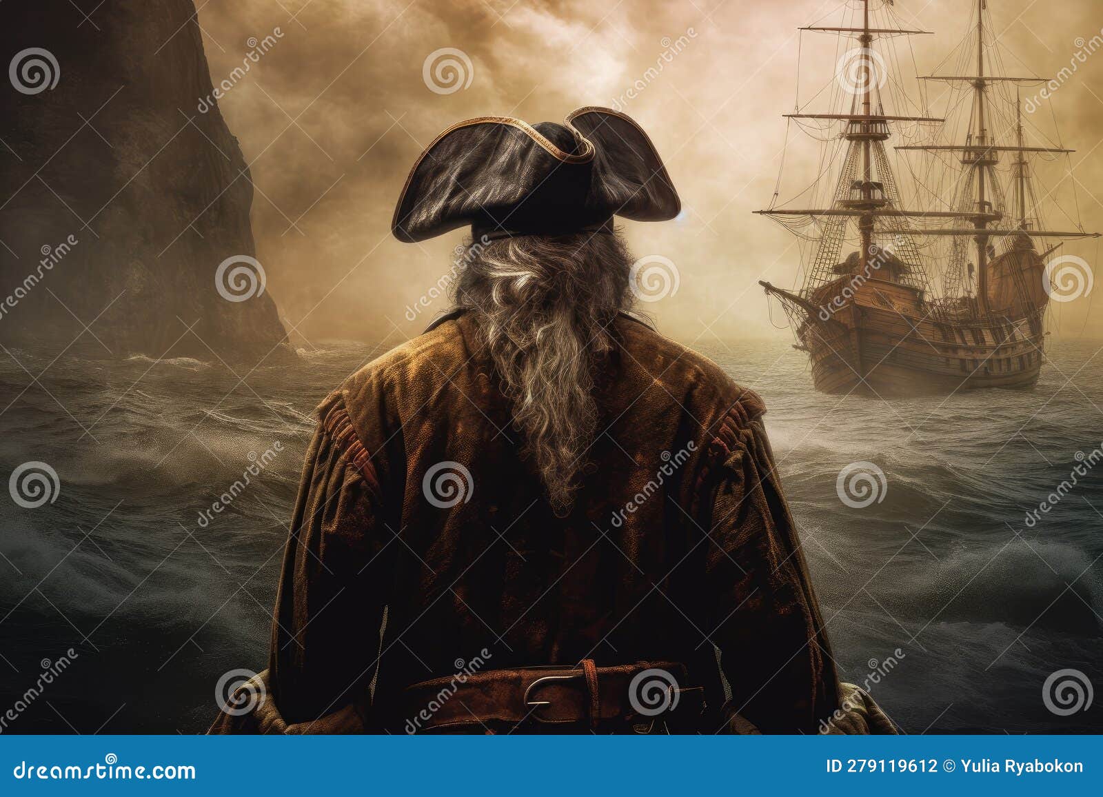 Pirate Old Captain Aboard Pirate Ship. Generate Ai Stock Illustration