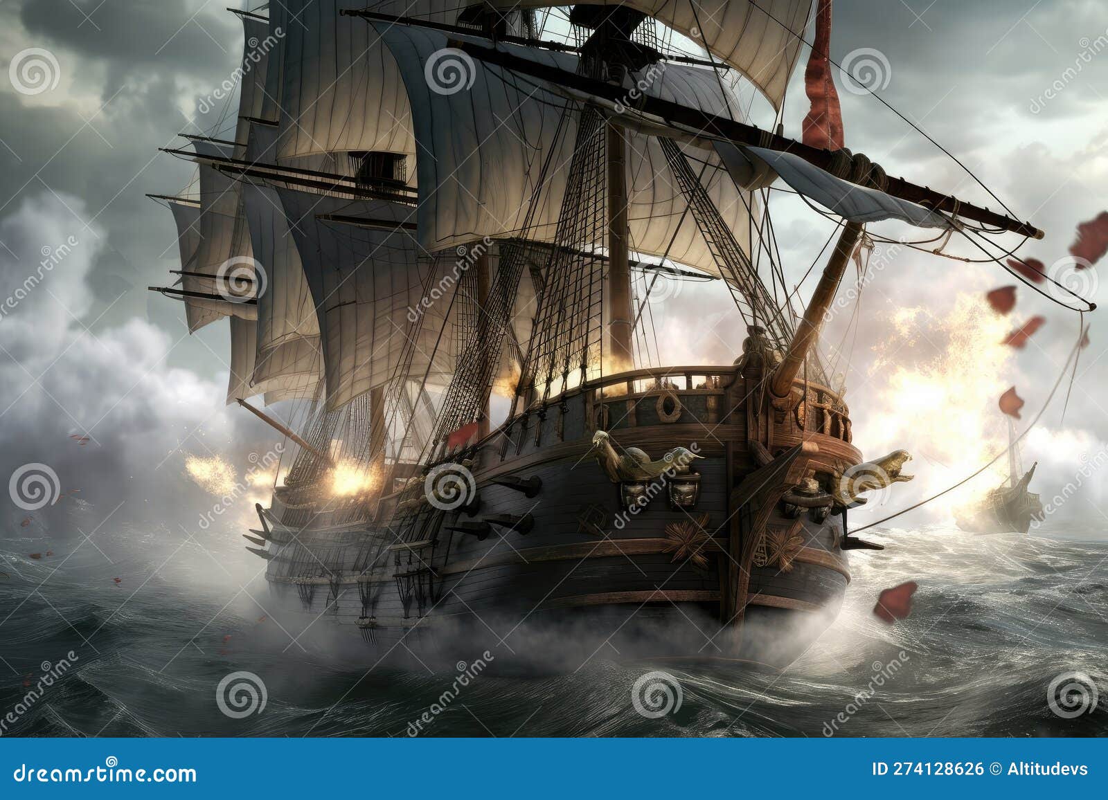 Pirate Ship In Battle With Cannons Firing And Smoke Rising Stock pirate-ship-in-battle-with-cannons-firing-and-smoke-rising-stock