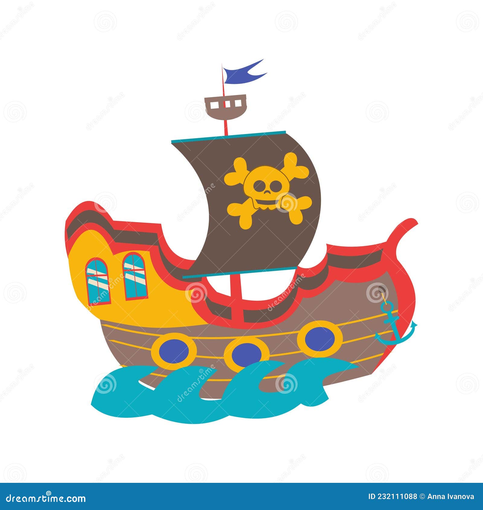 Pirate Ship with Jolly Roger. Cute Cartoon Vector Illustration Stock ...
