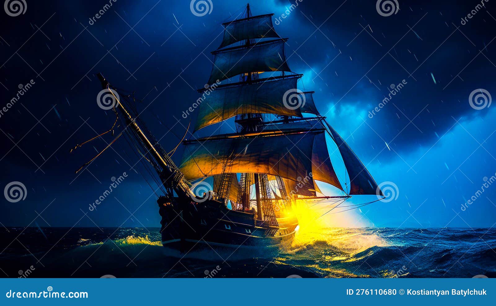 Pirate Ship Sailing in the Ocean with Bright Light on it S Sails