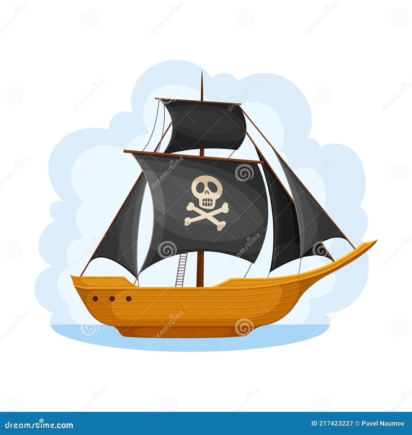 Pirate Ship with Sails and Crossed Bones Navigating upon Water Vector ...