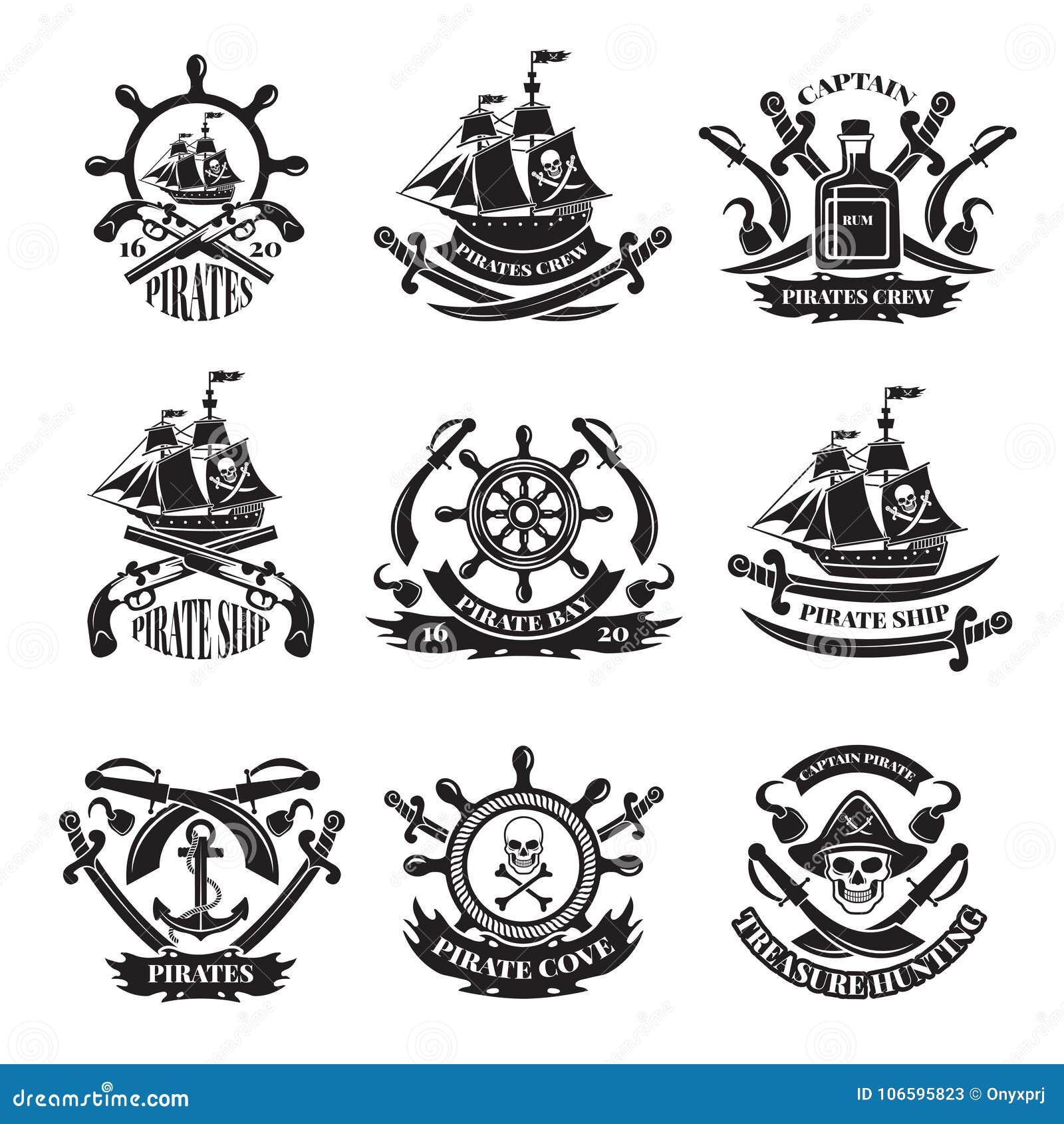 Pirate Skull, Corsair Ships, Symbols of Piracy. Monochrome Labels Set ...