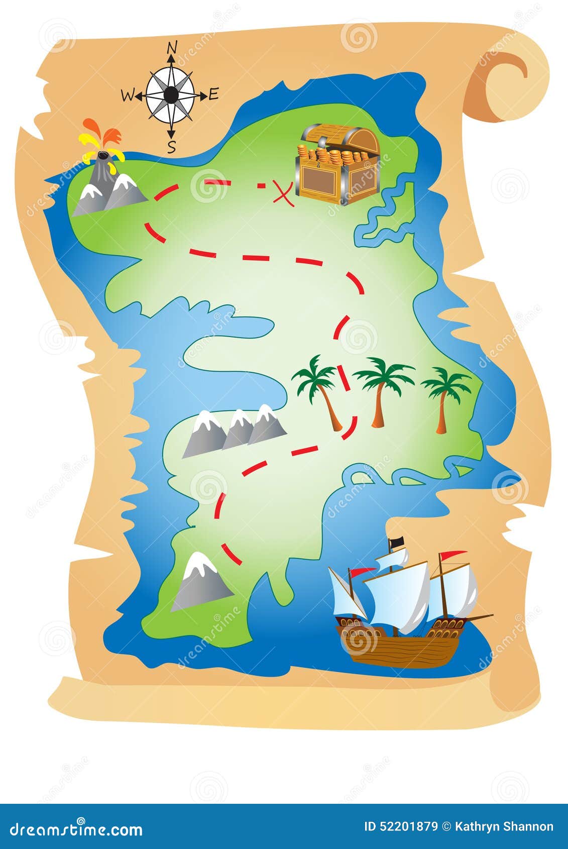 Pirate treasure map stock vector. Illustration of mountains - 52201879