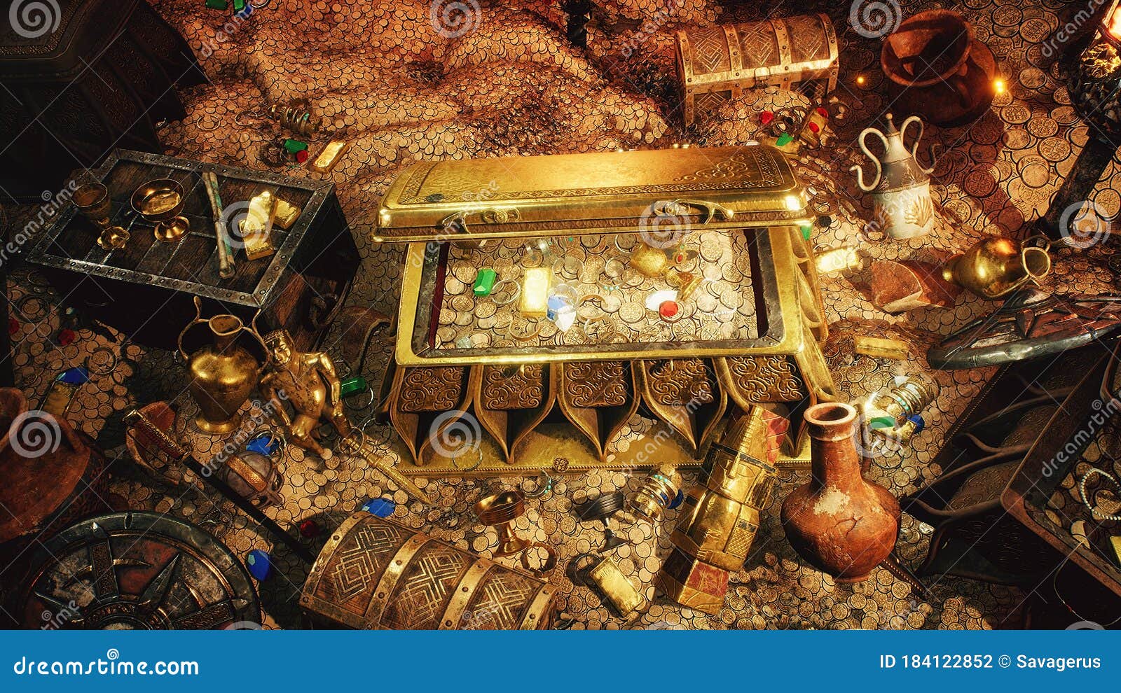 Pirate Treasures in a Dark Cave. Old Coins, Diamonds, and Gold Treasures  Stock Photo - Image of crate, coins: 184122852