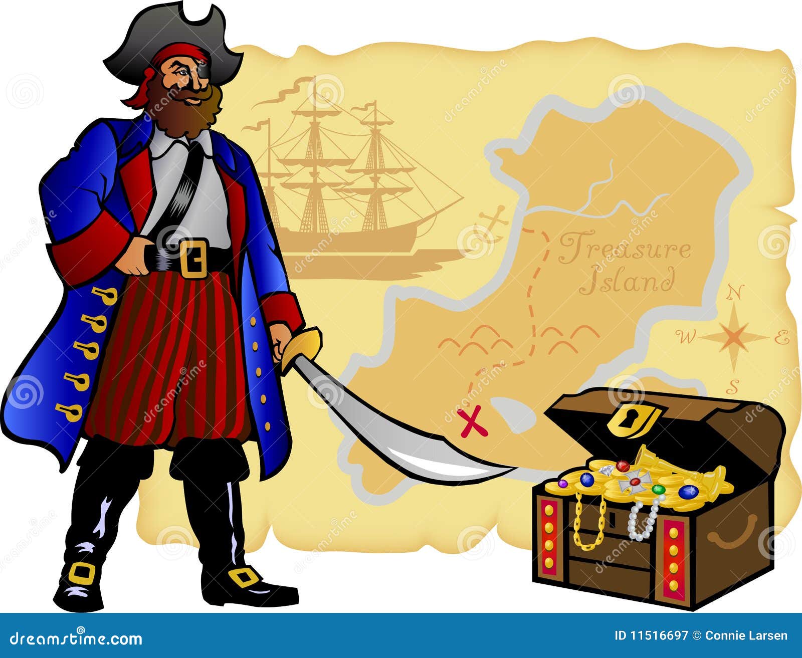 Piraten-, Karten-und Schatz-Kasten Vektor Abbildung - Illustration von ...