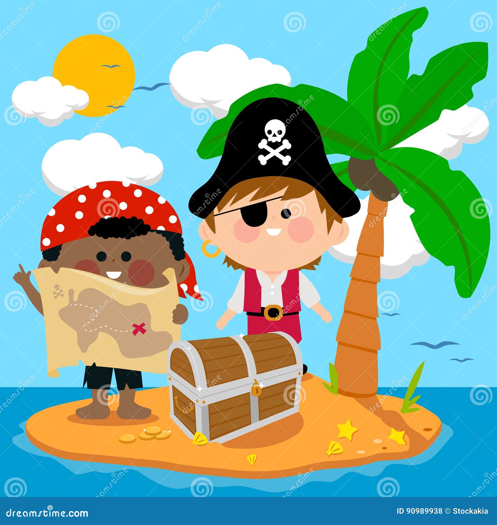 Schaduw passagier doen alsof Piraten op schateiland vector illustratie. Illustration of kokosnoot -  90989938