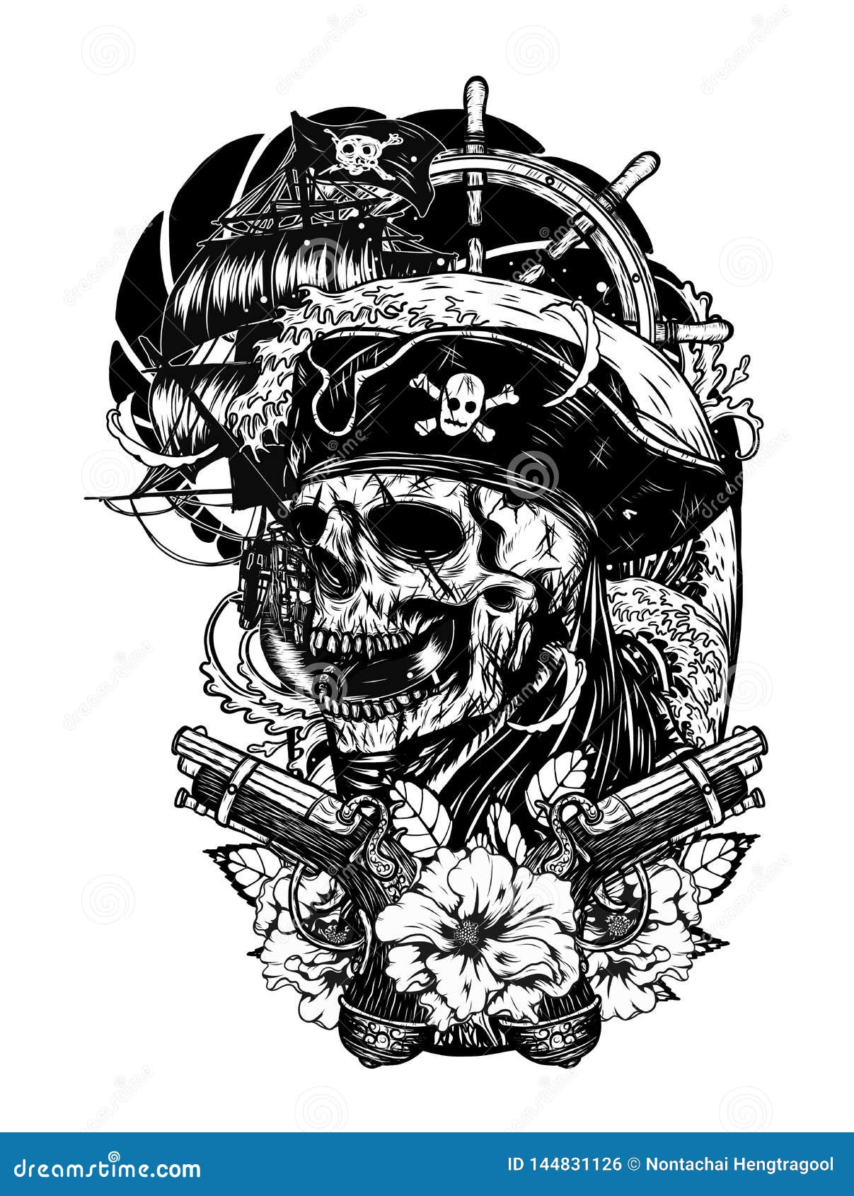 Pirate Skull With Ship Vector Tattoo By Hand Drawing Vektor Abbildung Illustration Von Fregatte Geschichte 144831126