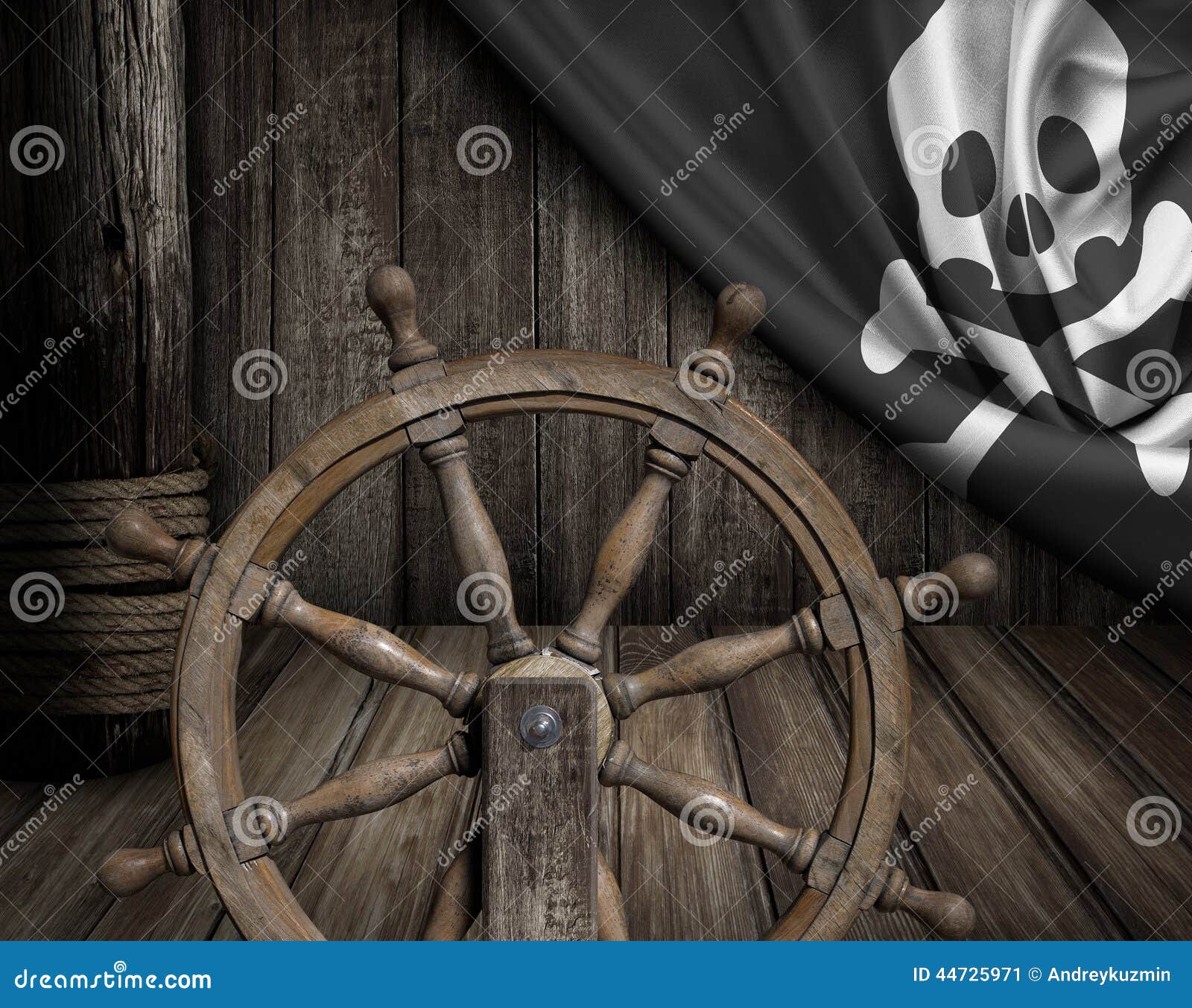 Pirates Ship Deck with Steering Wheel and Flag Stock Image Image of