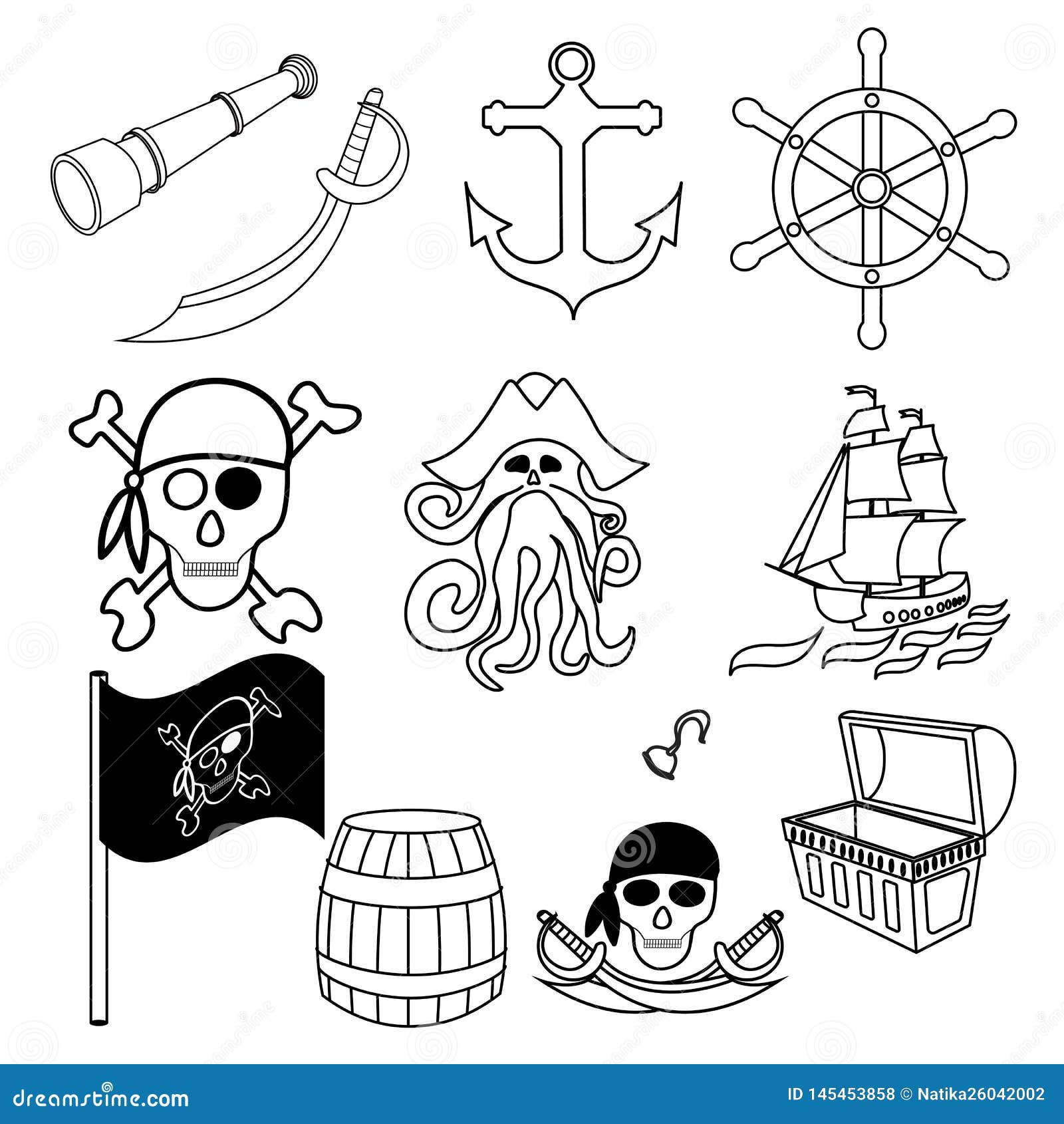 Pirates Themed Freehand Drawings Set. Symbols Of Piracy - Hat, Swords ...