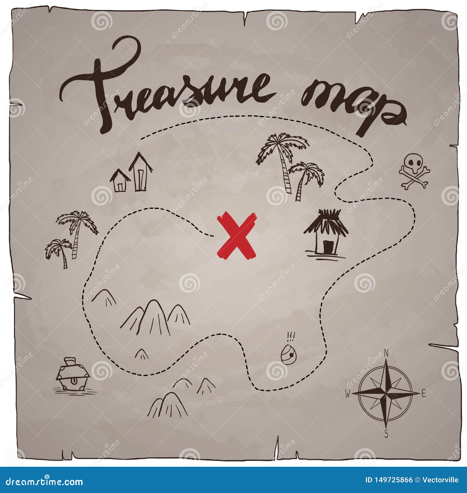Pirates Treasure Map Hand Drawn Cartoon Black Ink on Old Paper Texture ,  Palms at Uninhabited Island Cross Sign Way Search Gold Ch Stock Vector -  Illustration of background, antique: 149725866