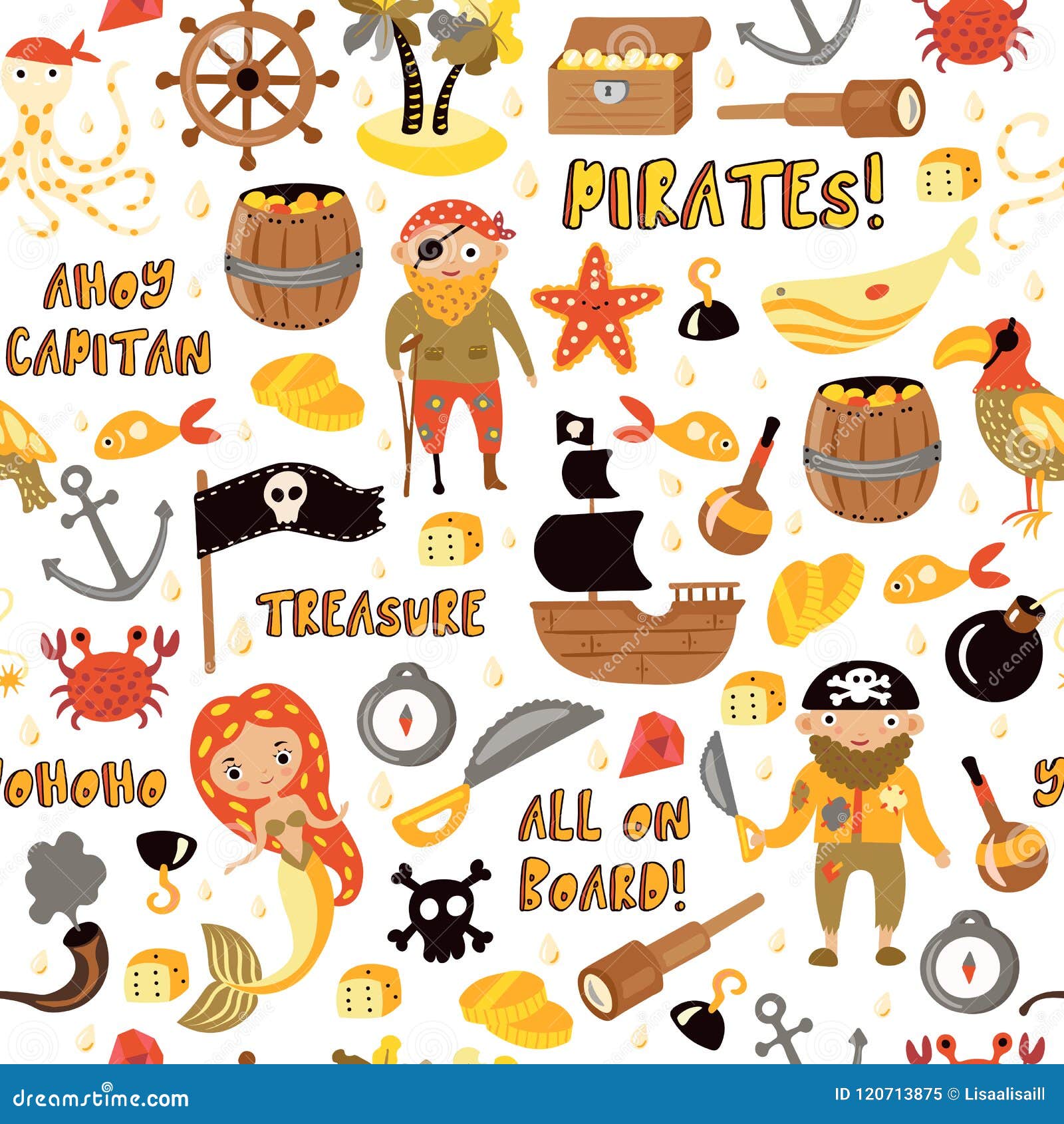pirates  cartoon seamless pattern. adventures and pirate party background for kindergarten. children adventure