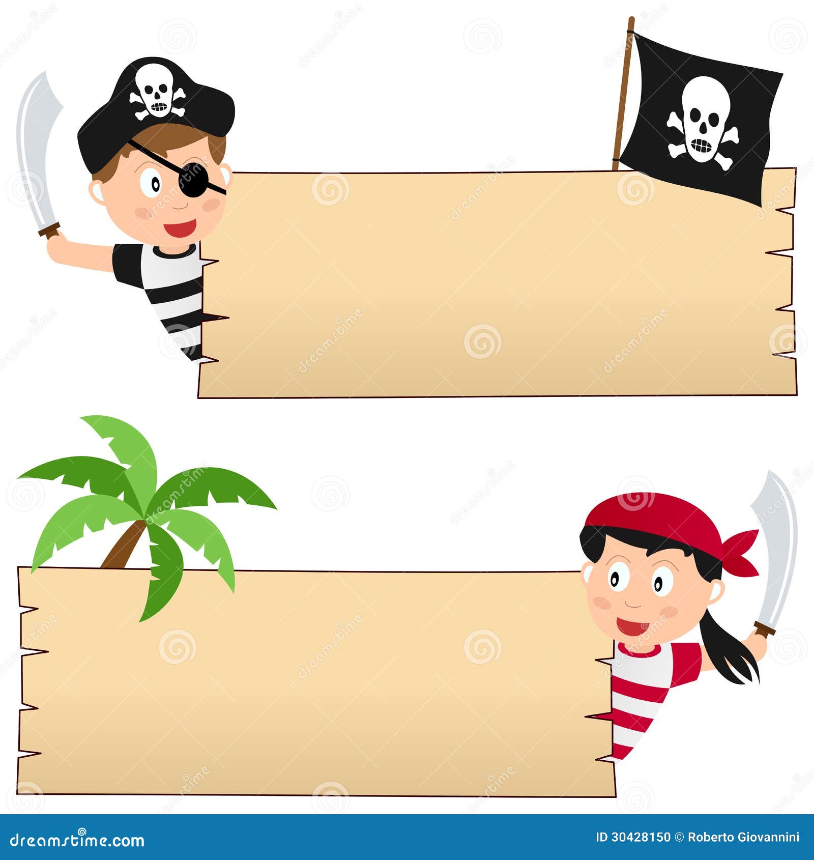 Two cartoon pirate kids (boy and girl) with blank wooden banners 