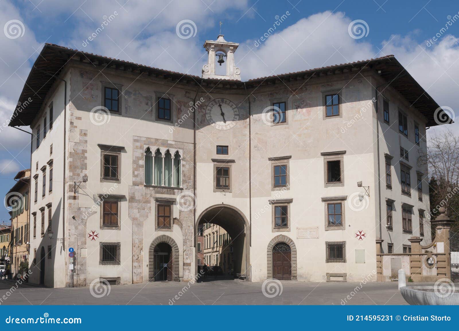 pisa view of palazzo dell`orologio clock`s palace or torre della fame huger tower