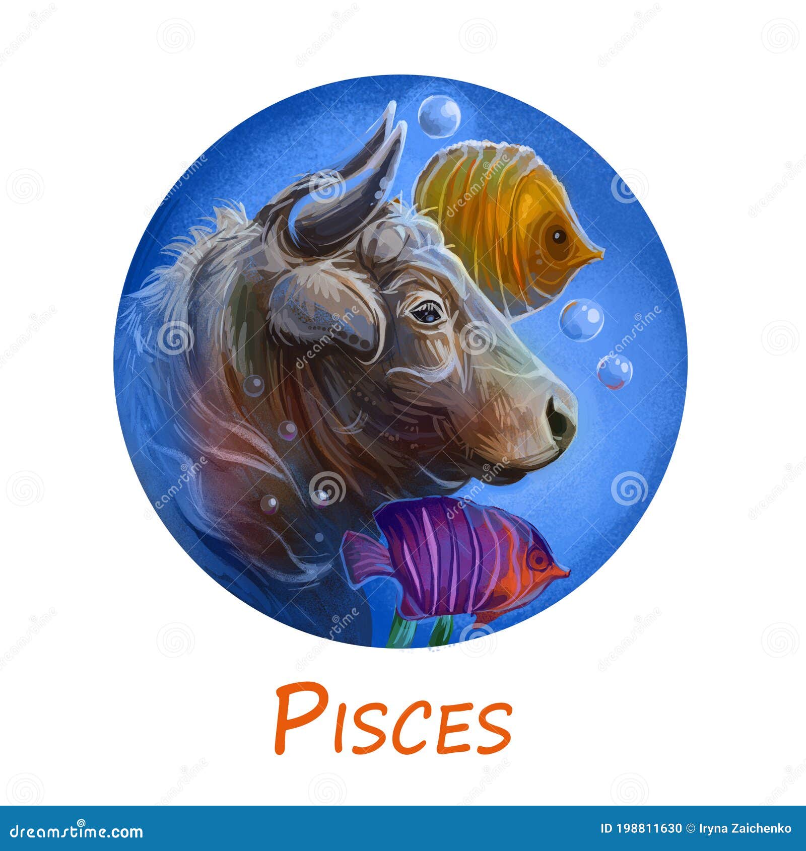 Pisces Metal Ox Year Horoscope Zodiac Sign Isolated. Digital Art  Illustration of Chinese New Year Symbol, Astrology Stock Illustration -  Illustration of taurus, bull: 198811630