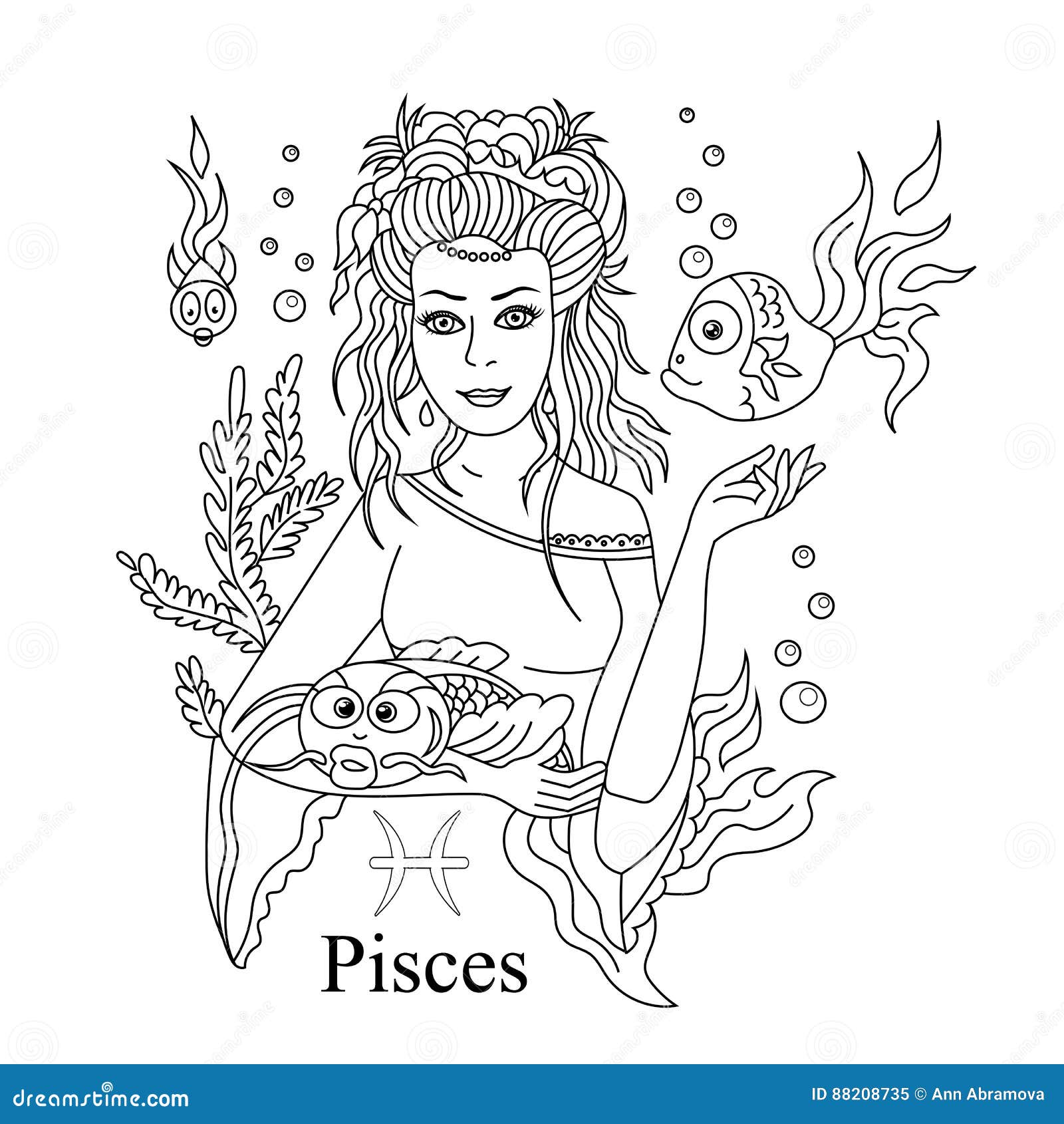 Download Pisces Zodiac Sign As A Beautiful Girl Coloring Page. Vector Ill Stock Vector - Illustration of ...