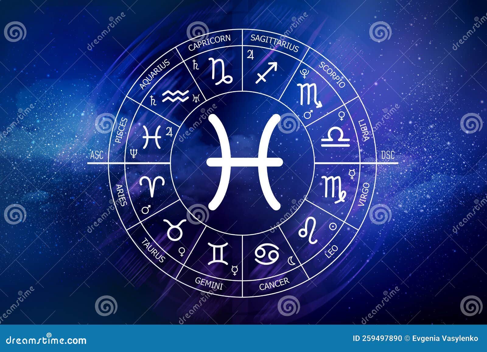 Pisces Zodiac Sign. Zodiac Circle on a Dark Blue Background of the
