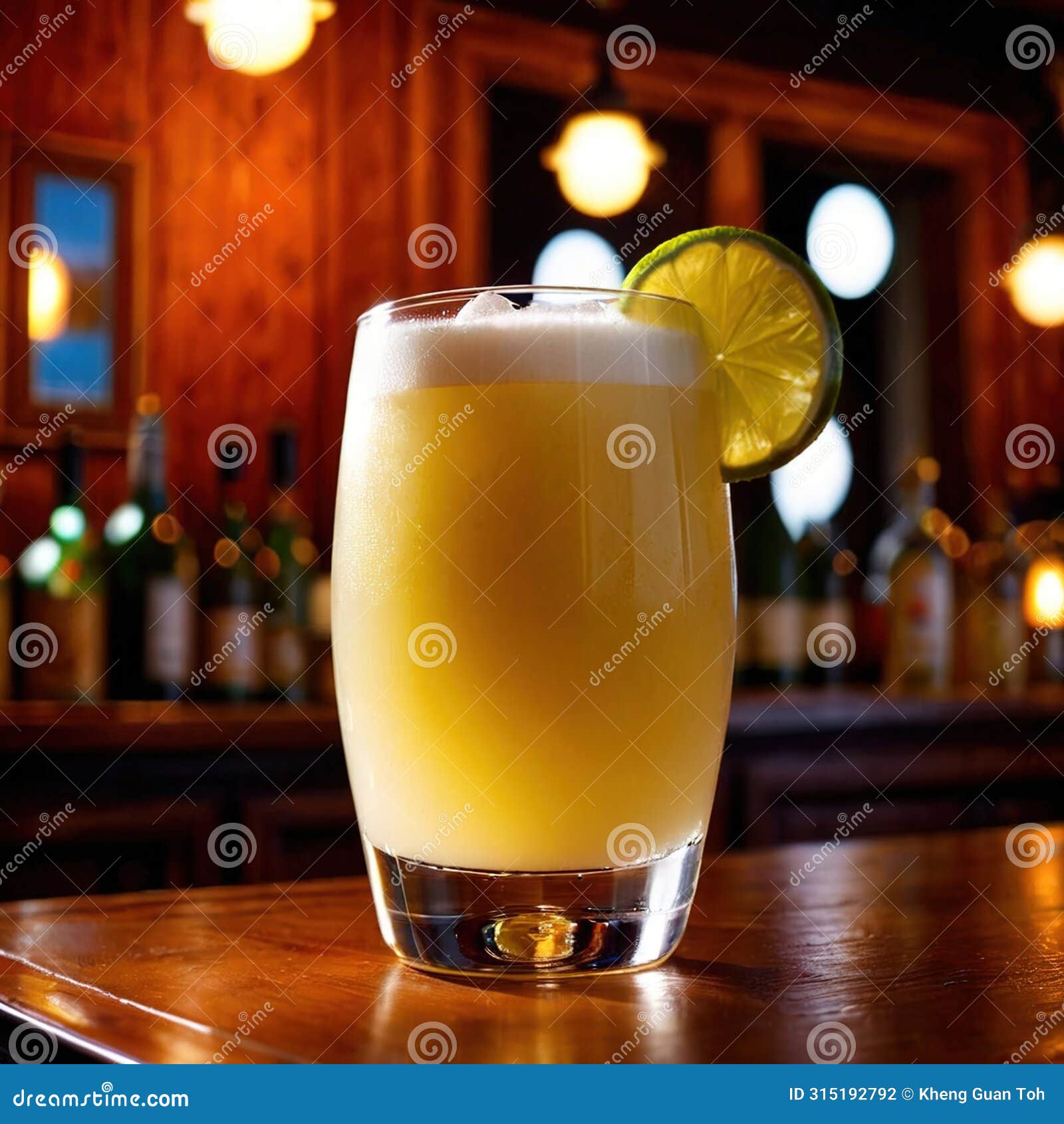 pisco sour, citrus lemon cocktail liquer alcoholic liquor mixed drink in bar pub