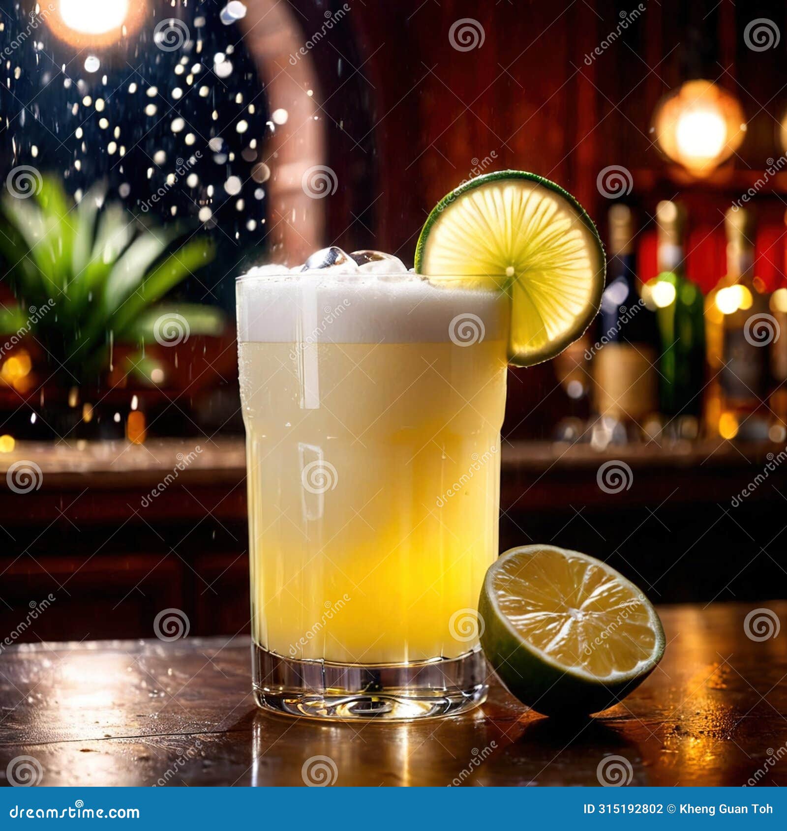 pisco sour, citrus lemon cocktail liquer alcoholic liquor mixed drink in bar pub